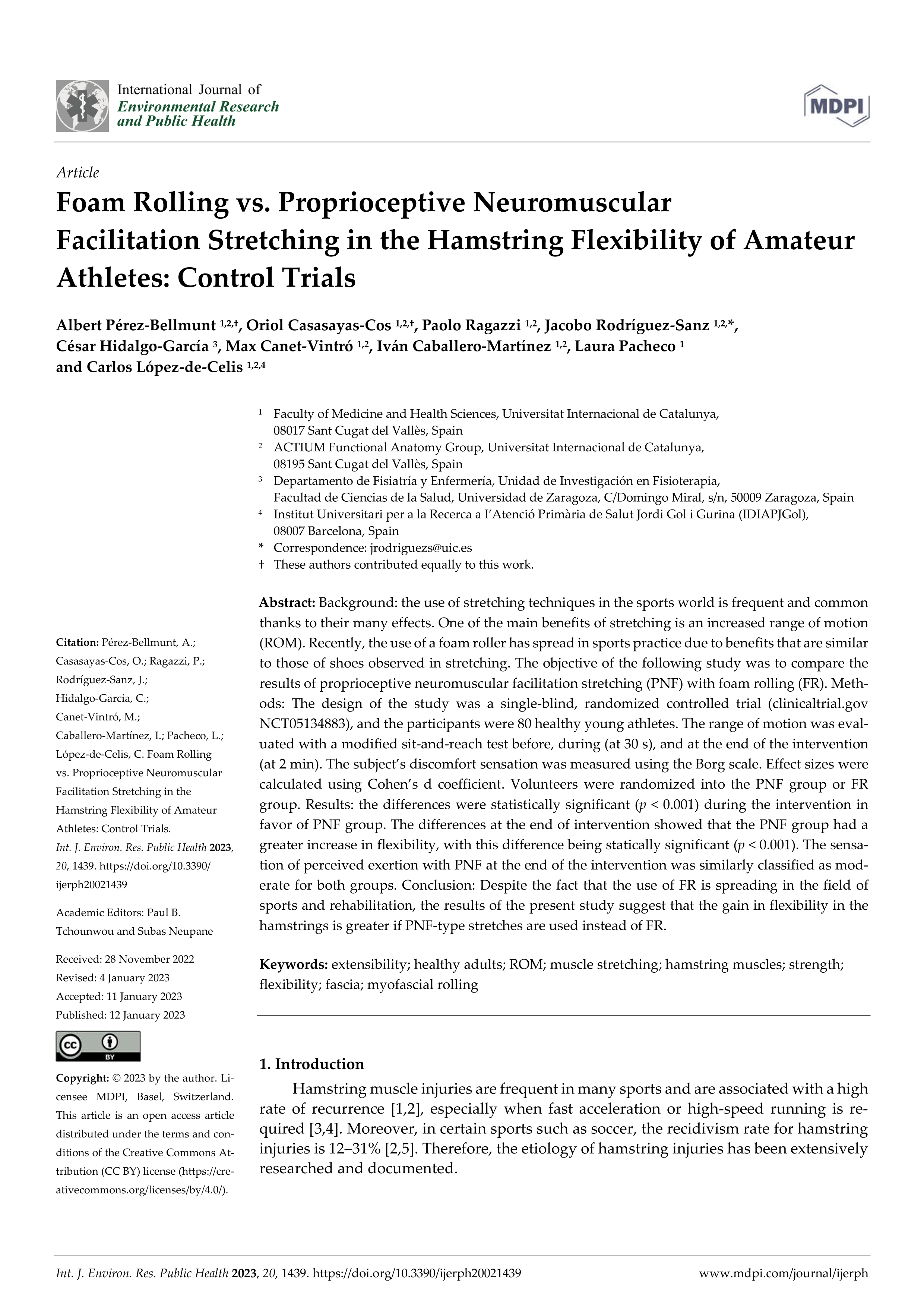 Foam rolling vs. proprioceptive neuromuscular facilitation stretching in the hamstring flexibility of amateur athletes: control trials