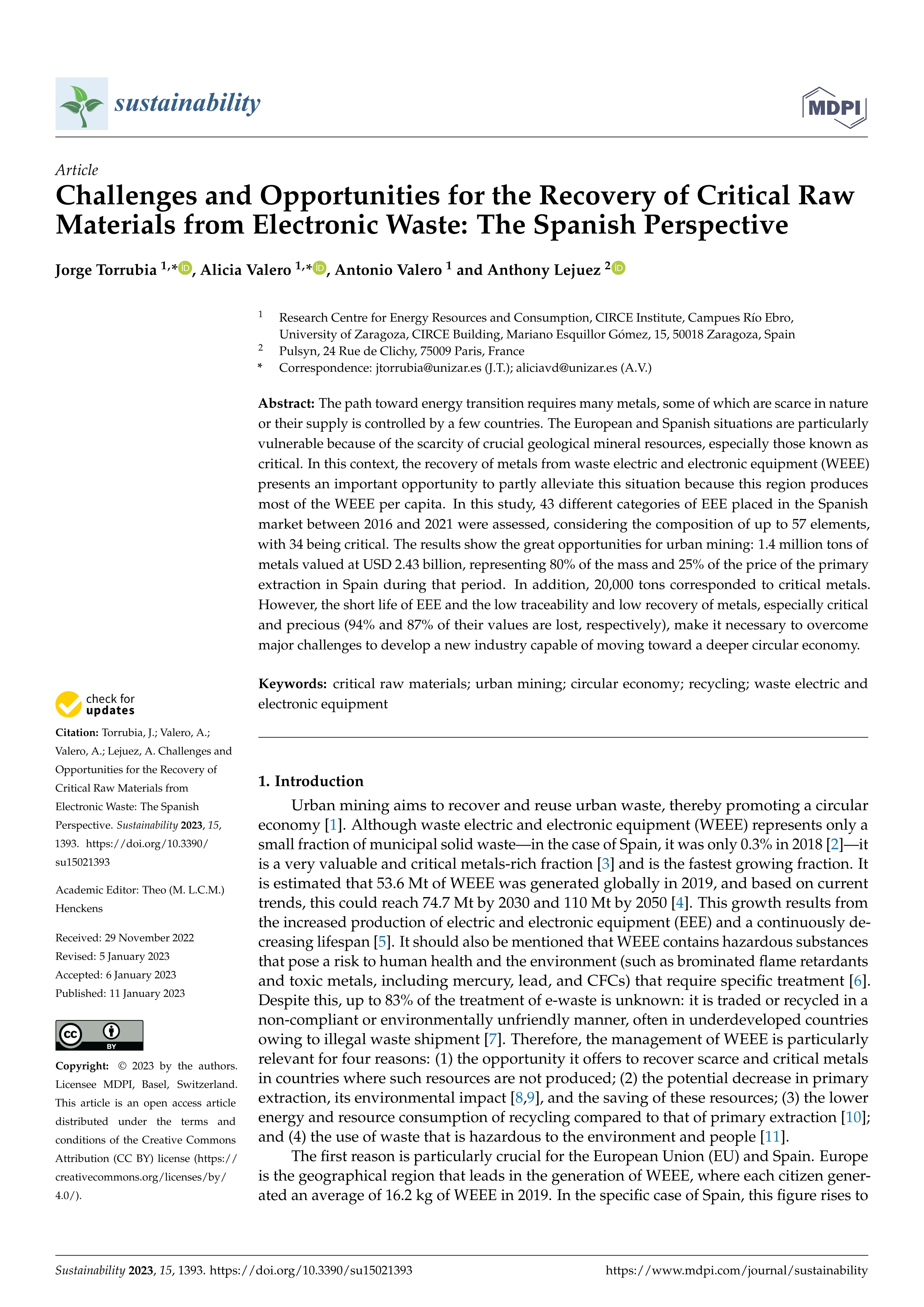 Challenges and Opportunities for the Recovery of Critical Raw Materials from Electronic Waste: The Spanish Perspective