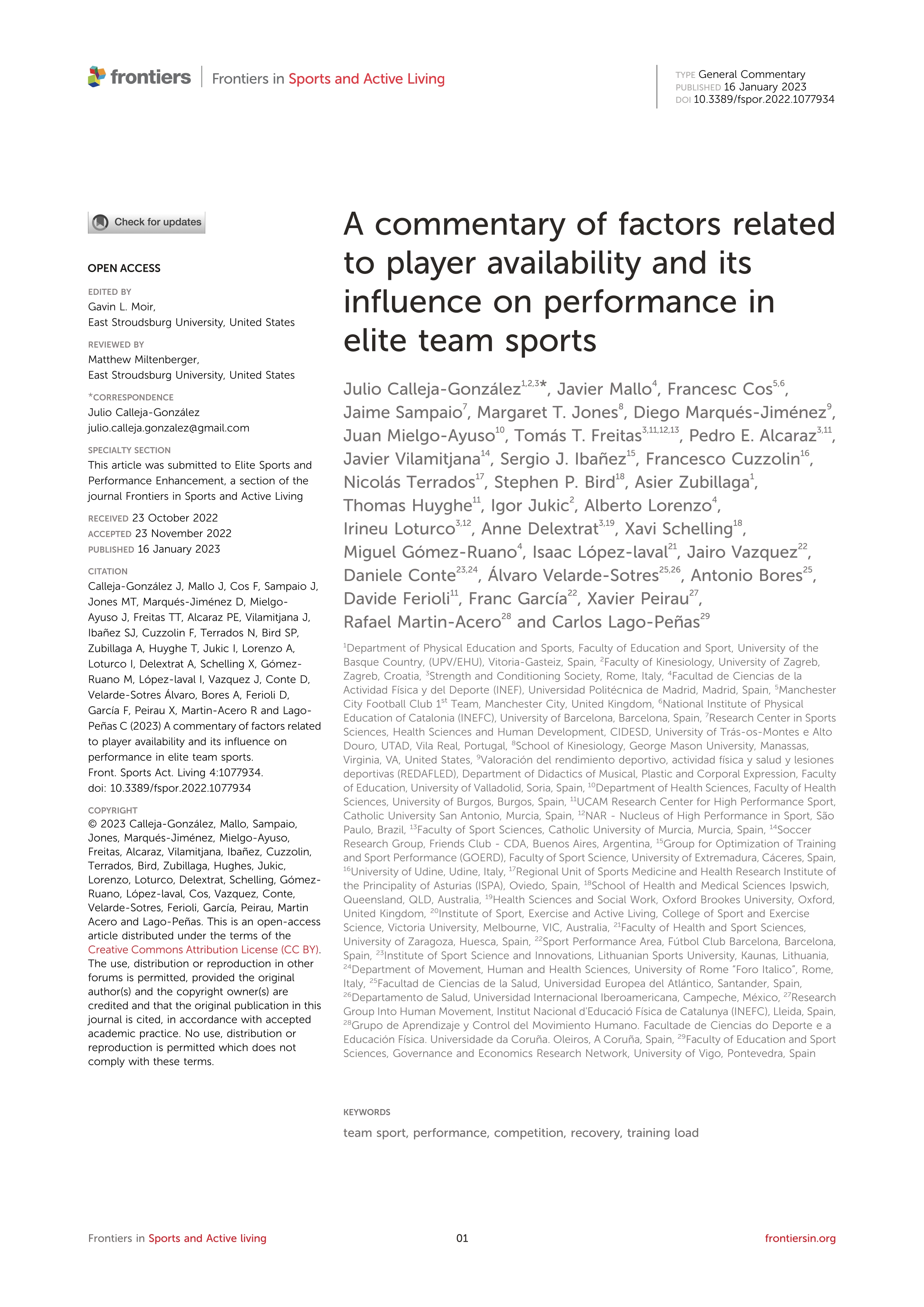 A commentary of factors related to player availability and its influence on performance in elite team sports