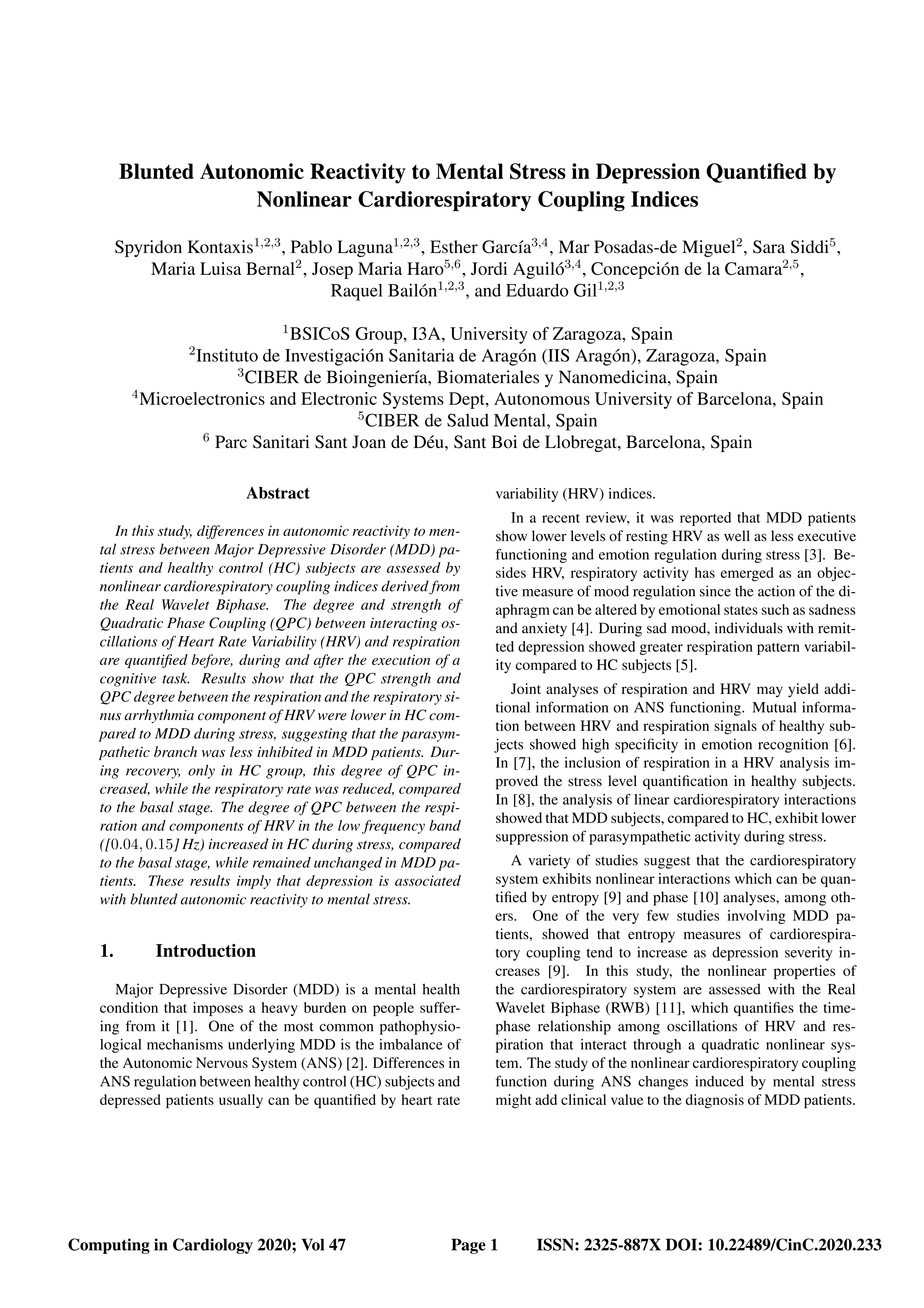 Blunted autonomic reactivity to mental stress in depression quantified by nonlinear cardiorespiratory coupling indices