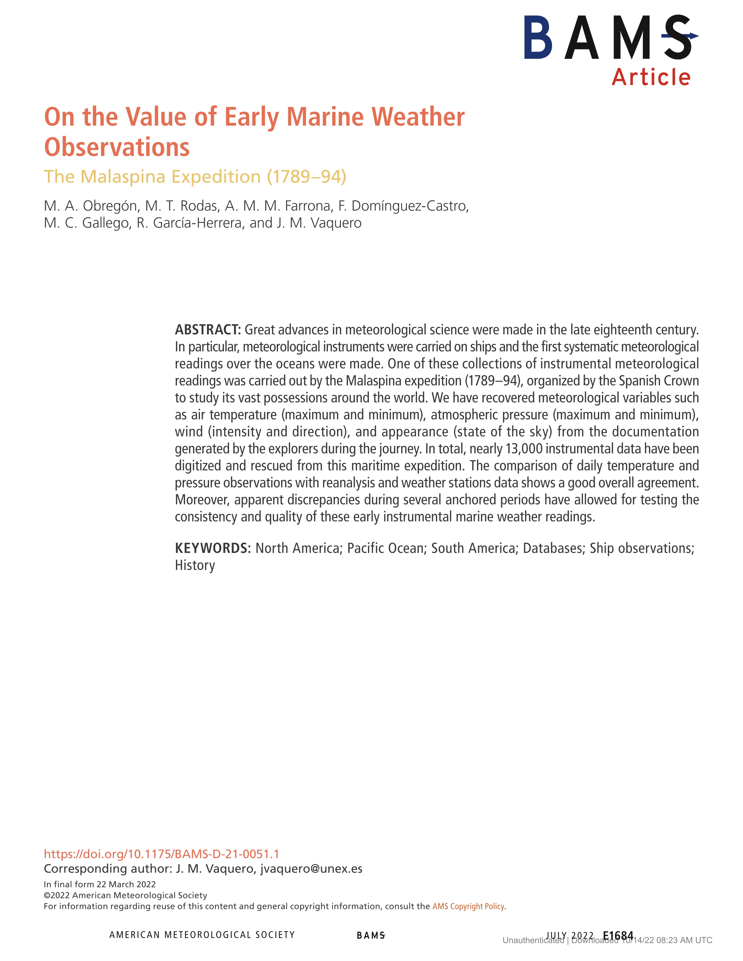 On the value of early marine weather observations: The Malaspina expedition (1789–94)