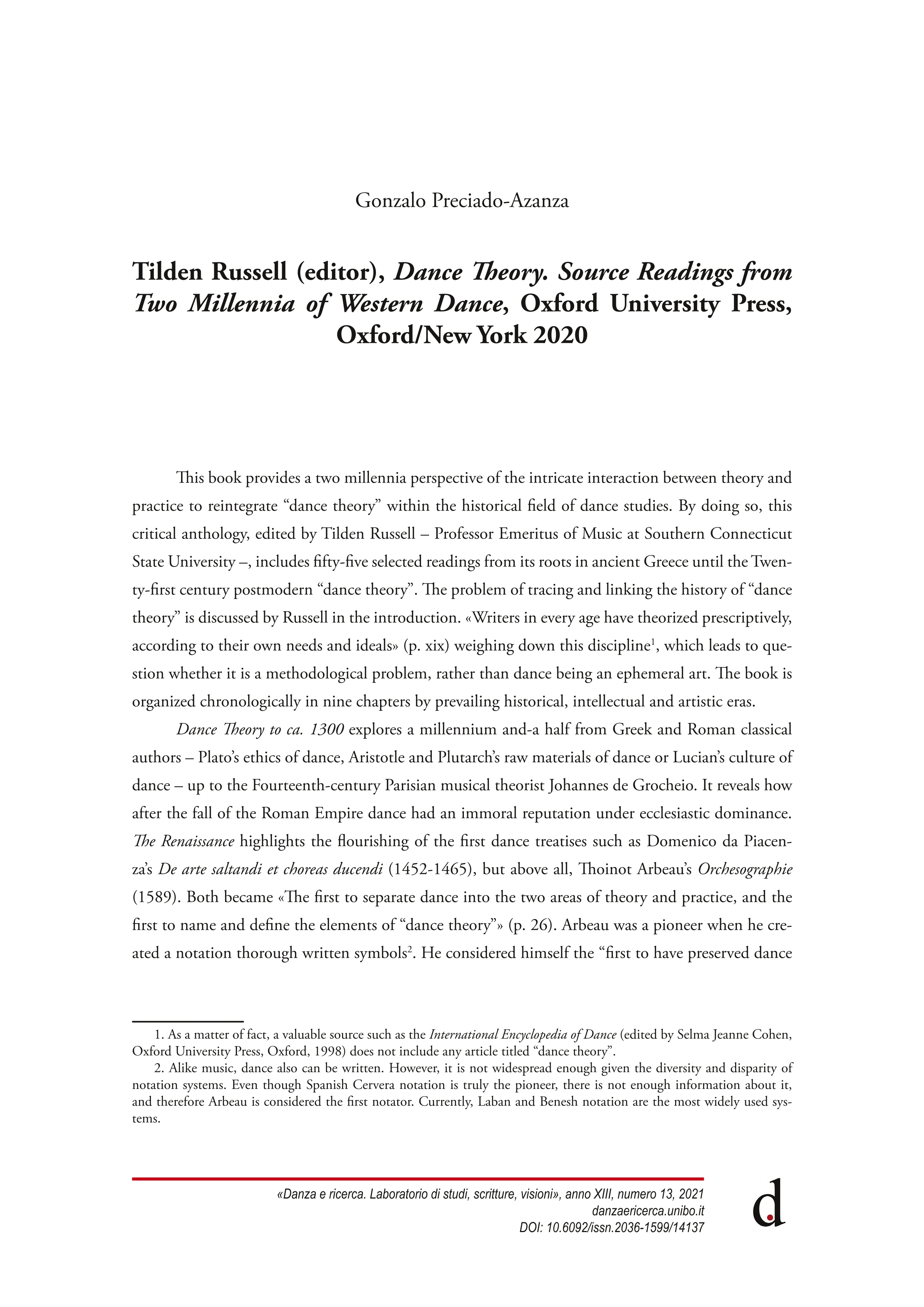 Tilden Russell (editor), Dance Theory. Source Readings from two Millennia of Western Dance, Oxford University Press, Oxford/New York 2020