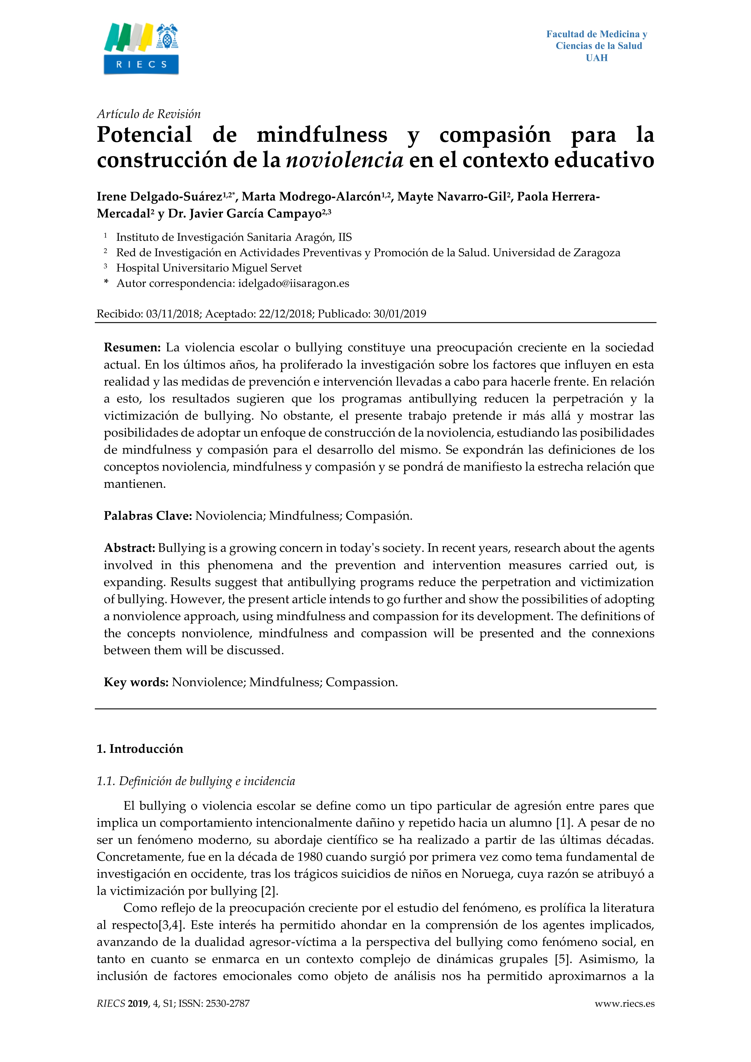 Potencial de mindfulness y compasión para la construcción de la noviolencia en el contexto educativo