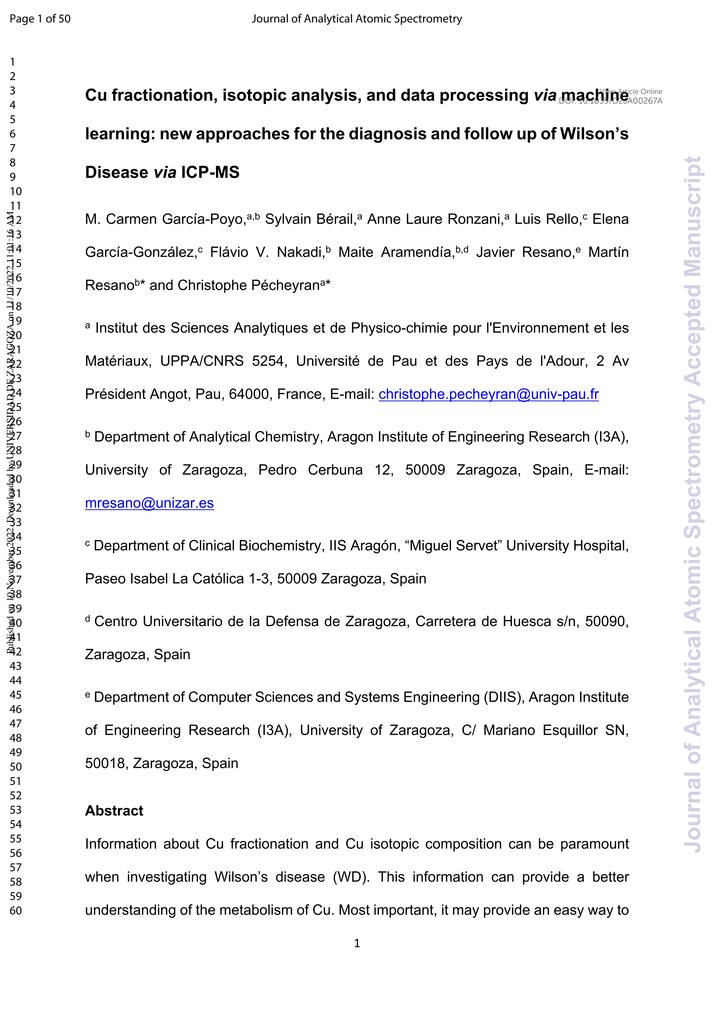 Cu fractionation, isotopic analysis, and data processing via machine learning: new approaches for the diagnosis and follow up of Wilson's disease via ICP-MS