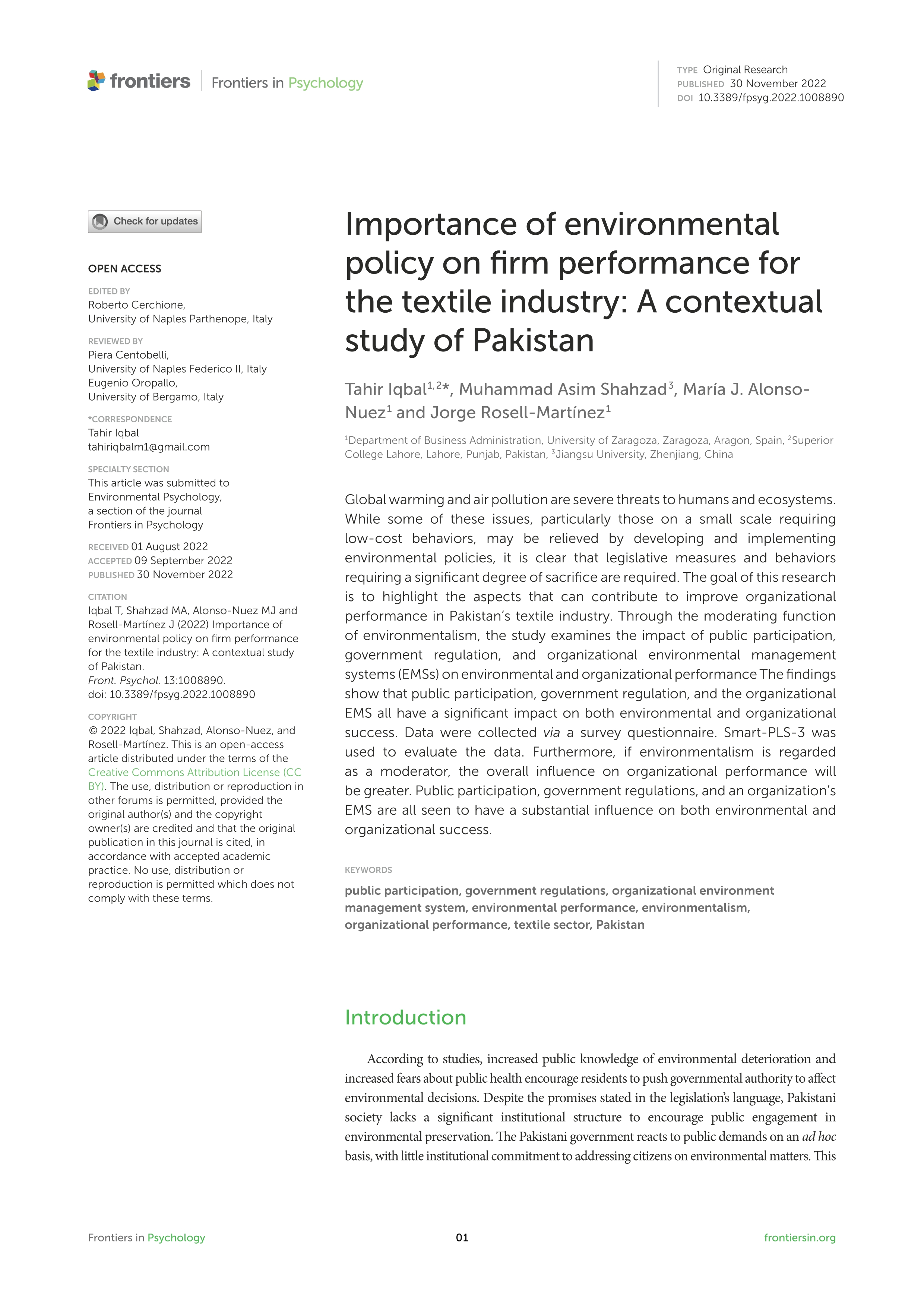 Importance of environmental policy on firm performance for the textile industry: A contextual study of Pakistan