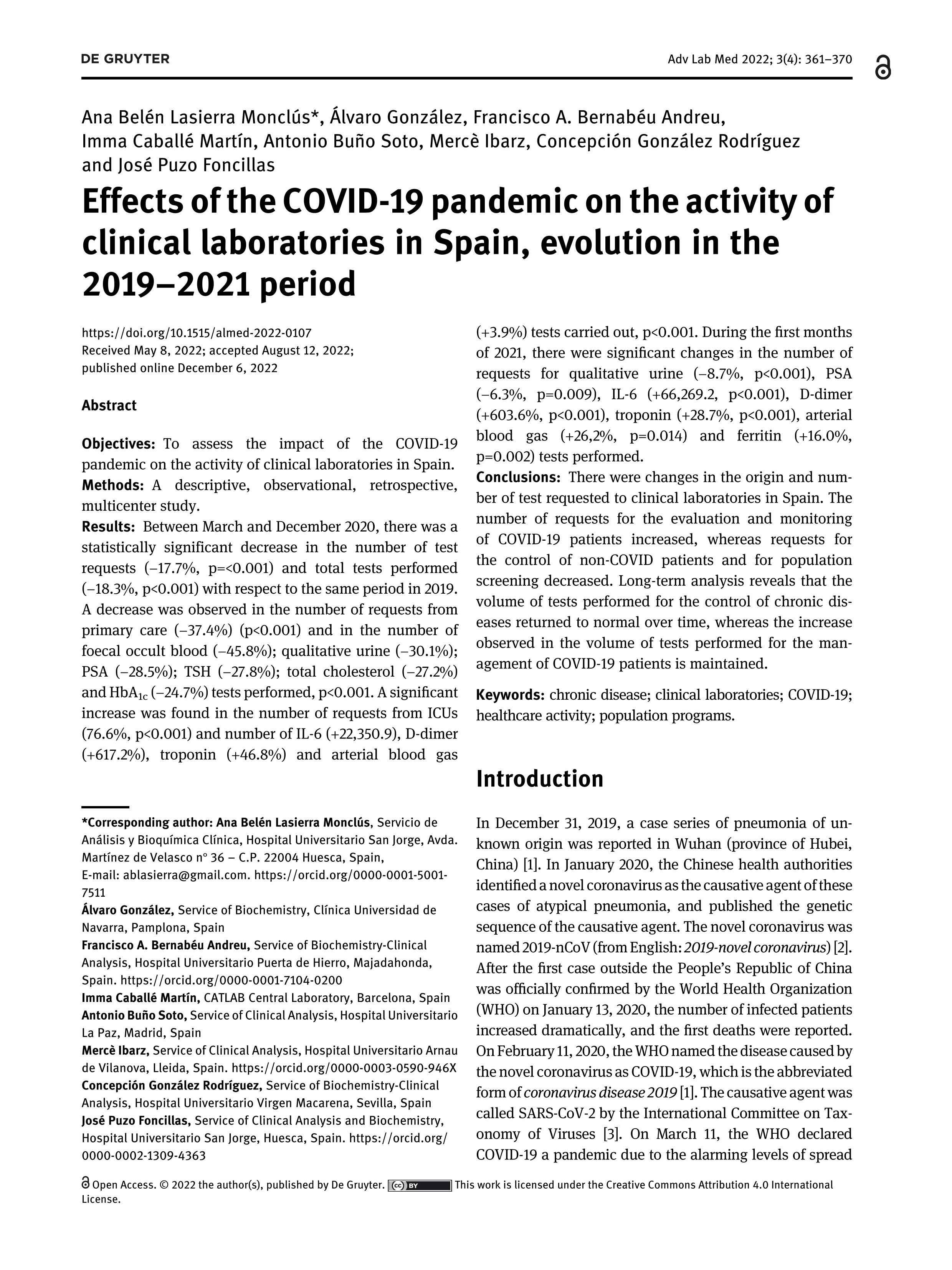 Effects of the COVID-19 pandemic on the activity of clinical laboratories in Spain, evolution in the 2019–2021 period