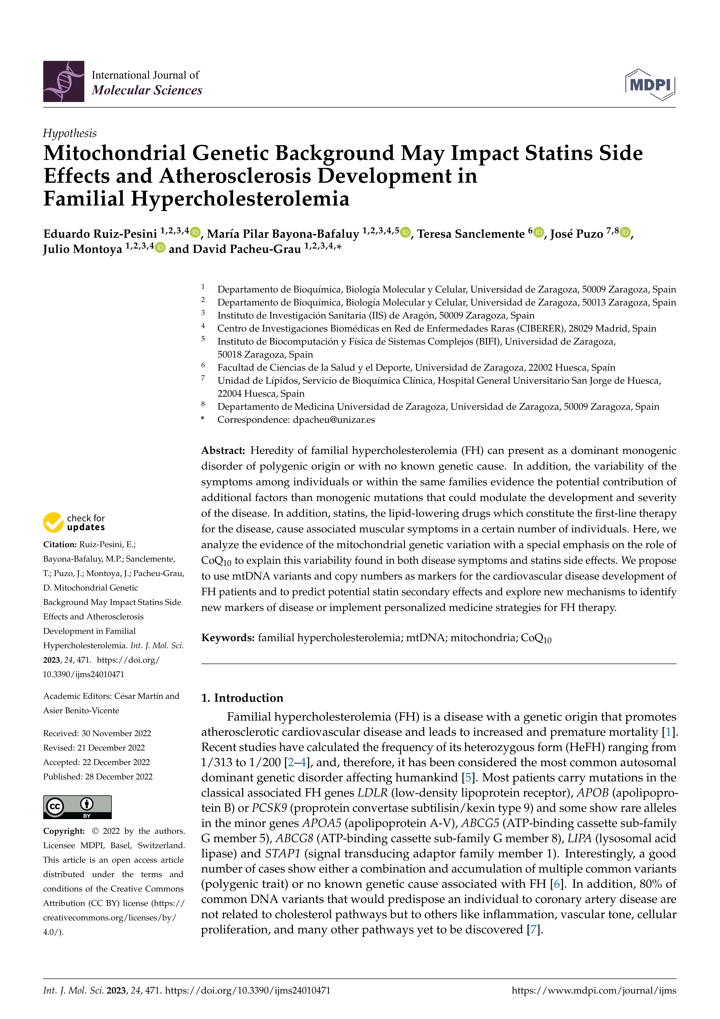 Mitochondrial genetic background may impact statins side effects and atherosclerosis development in familial hypercholesterolemia