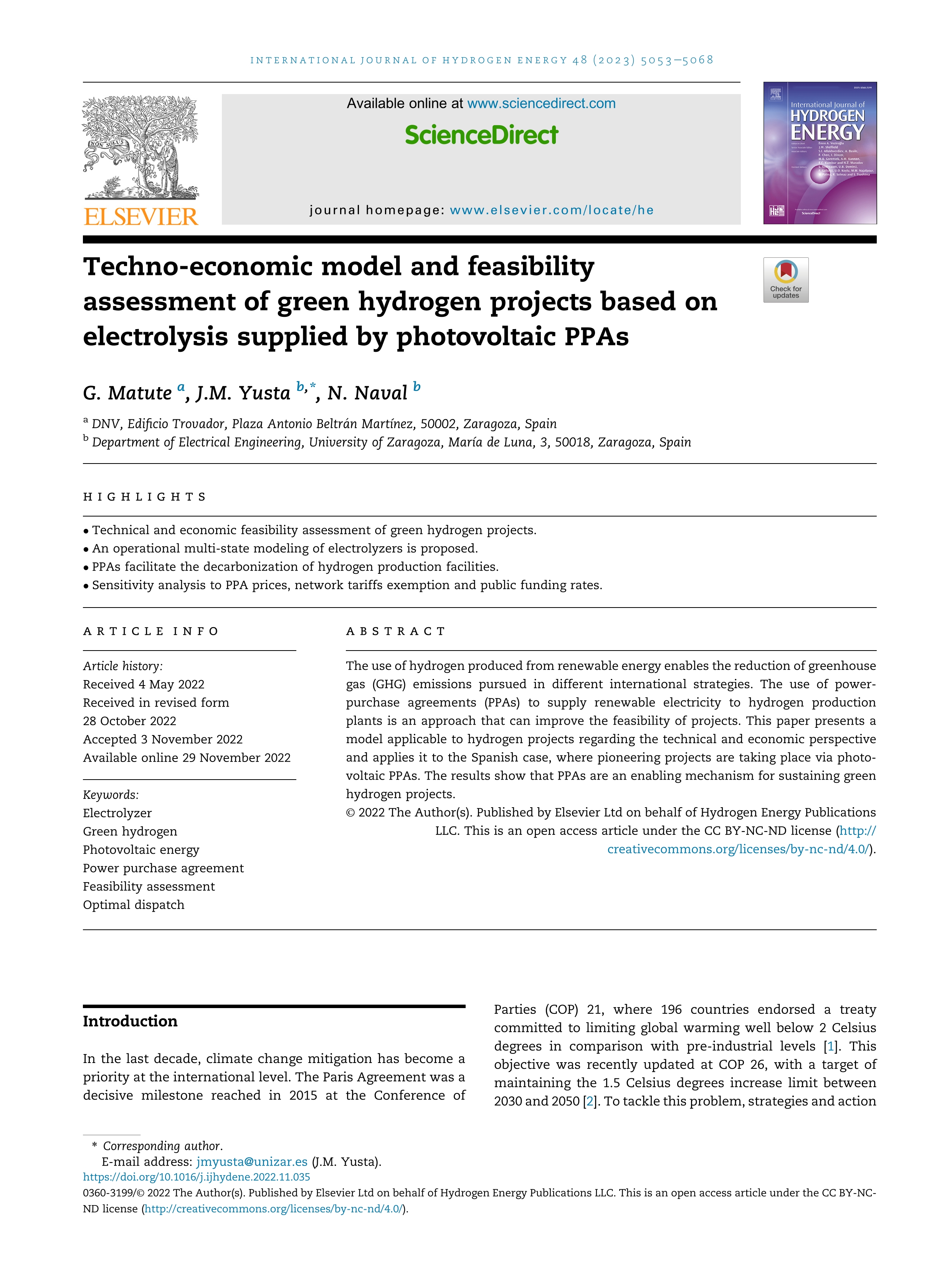 Techno-economic model and feasibility assessment of green hydrogen projects based on electrolysis supplied by photovoltaic PPAs
