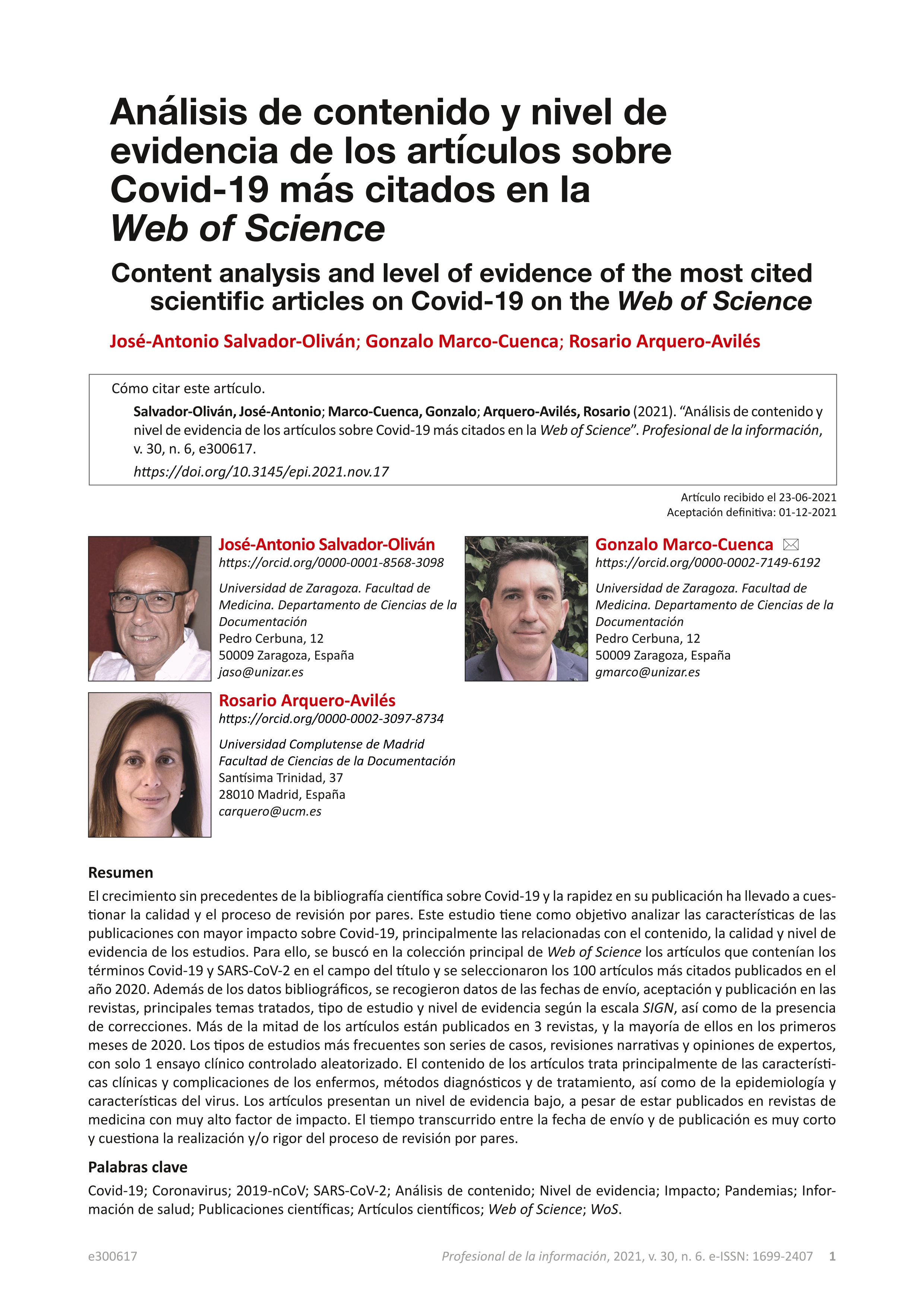 Análisis de contenido y nivel de evidencia de los artículos sobre Covid-19 más citados en la Web of Science