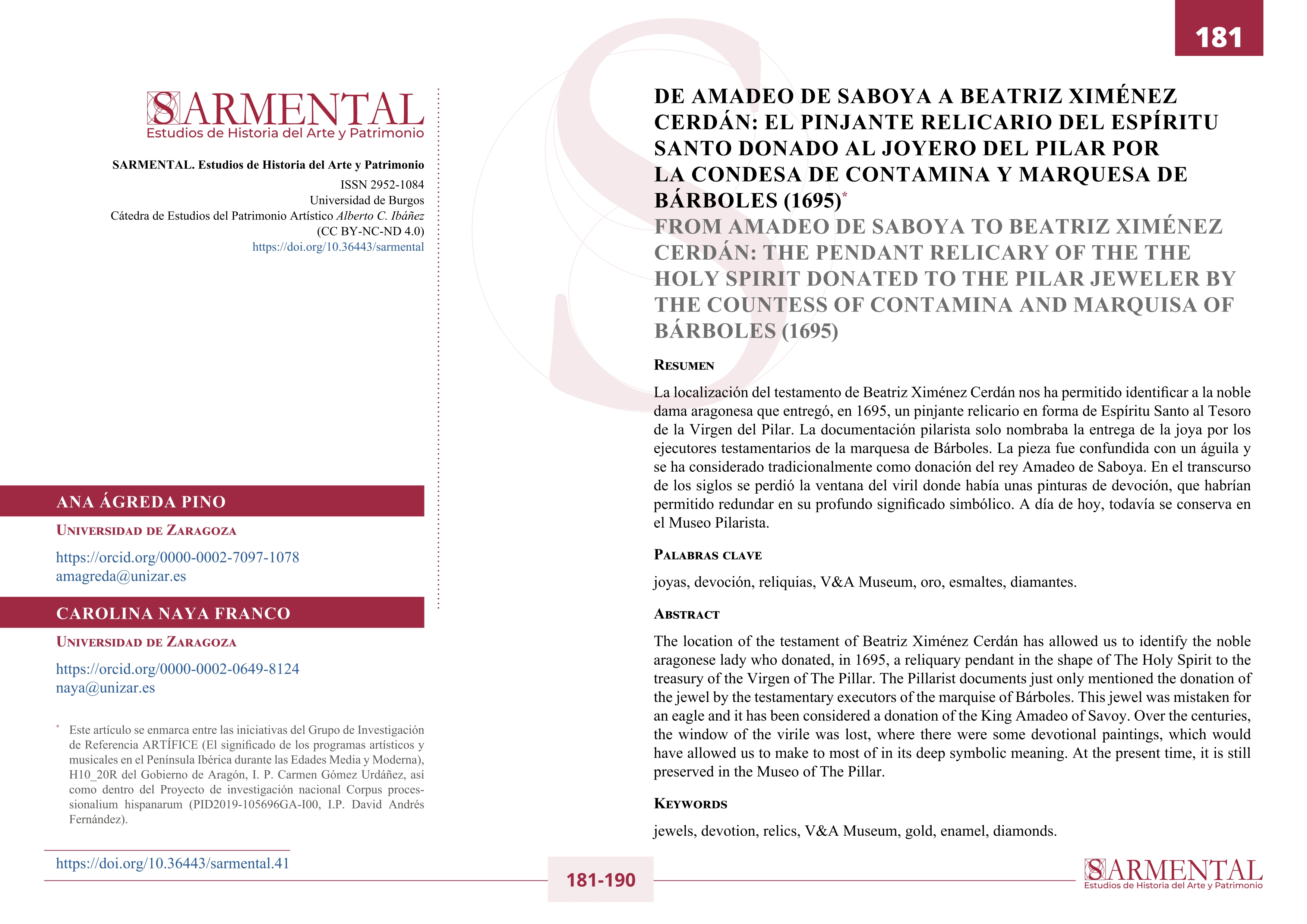De Amadeo de Saboya a Beatriz Ximénez Cerdán: el pinjante relicario del Espíritu Santo donado al Tesoro de la Virgen del Pilar por la condesa de Contamina y marquesa de Bárboles (1695)