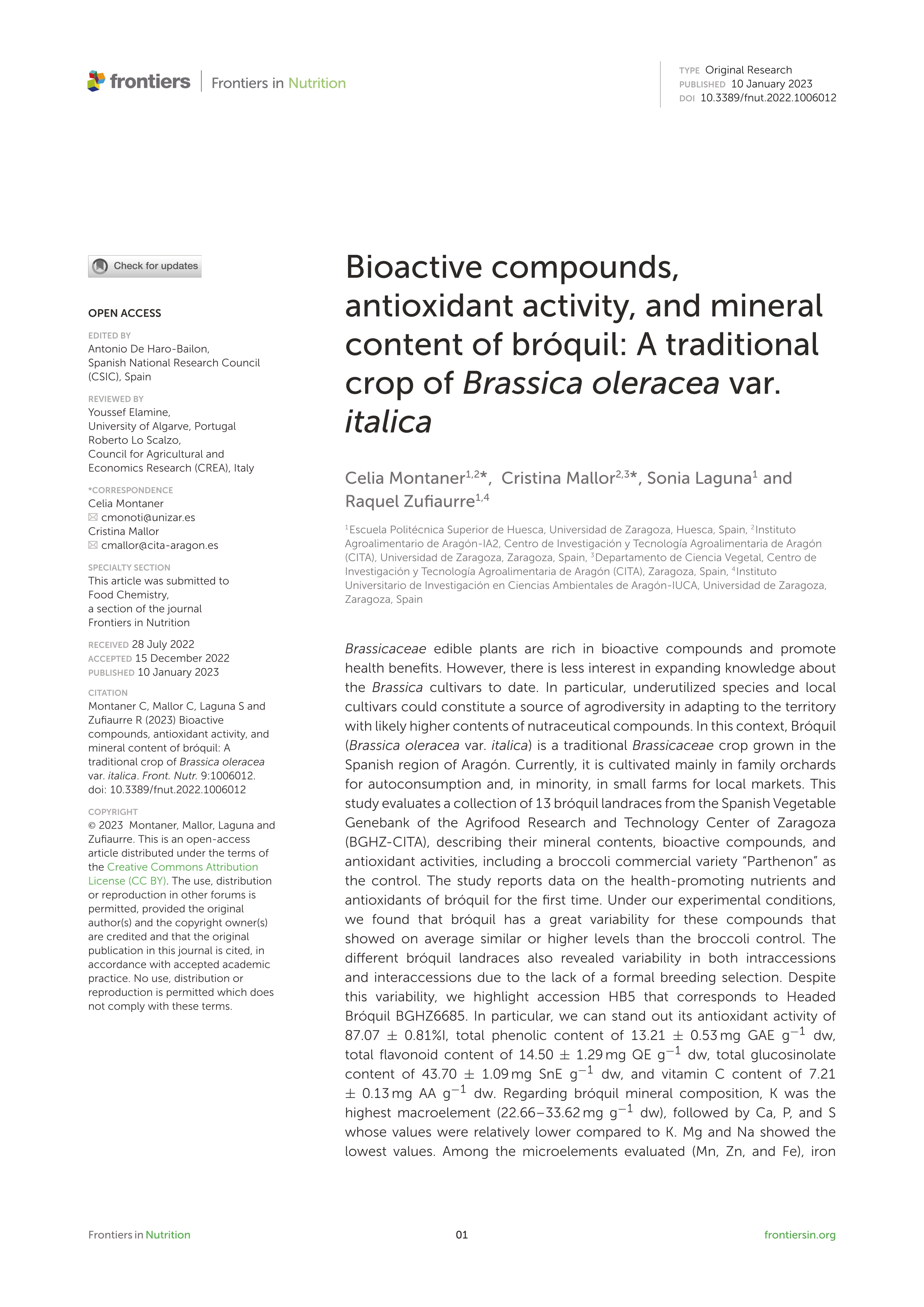 Bioactive compounds, antioxidant activity, and mineral content of bróquil: A traditional crop of Brassica oleracea var. italica