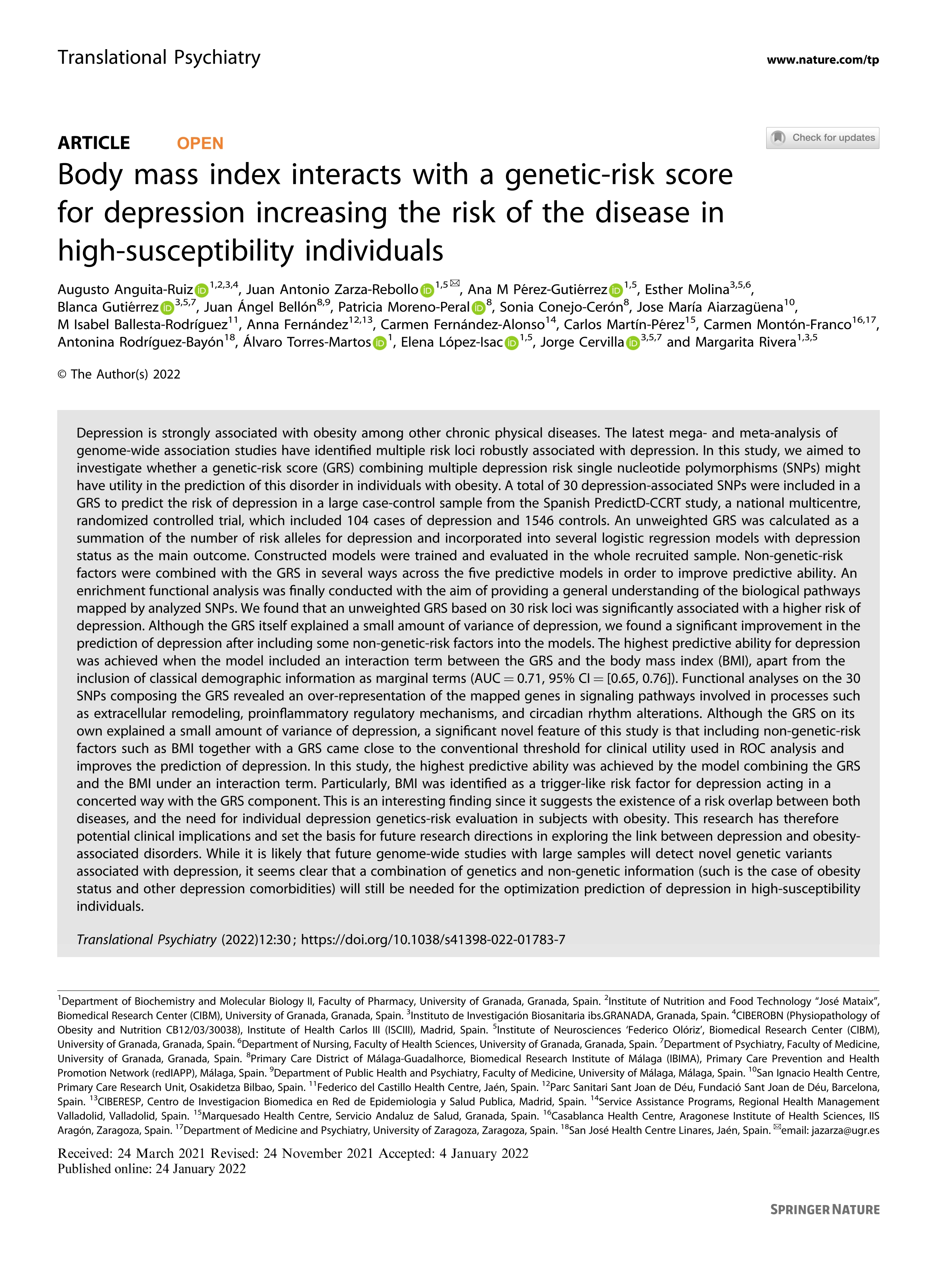 Body mass index interacts with a genetic-risk score for depression increasing the risk of the disease in high-susceptibility individuals