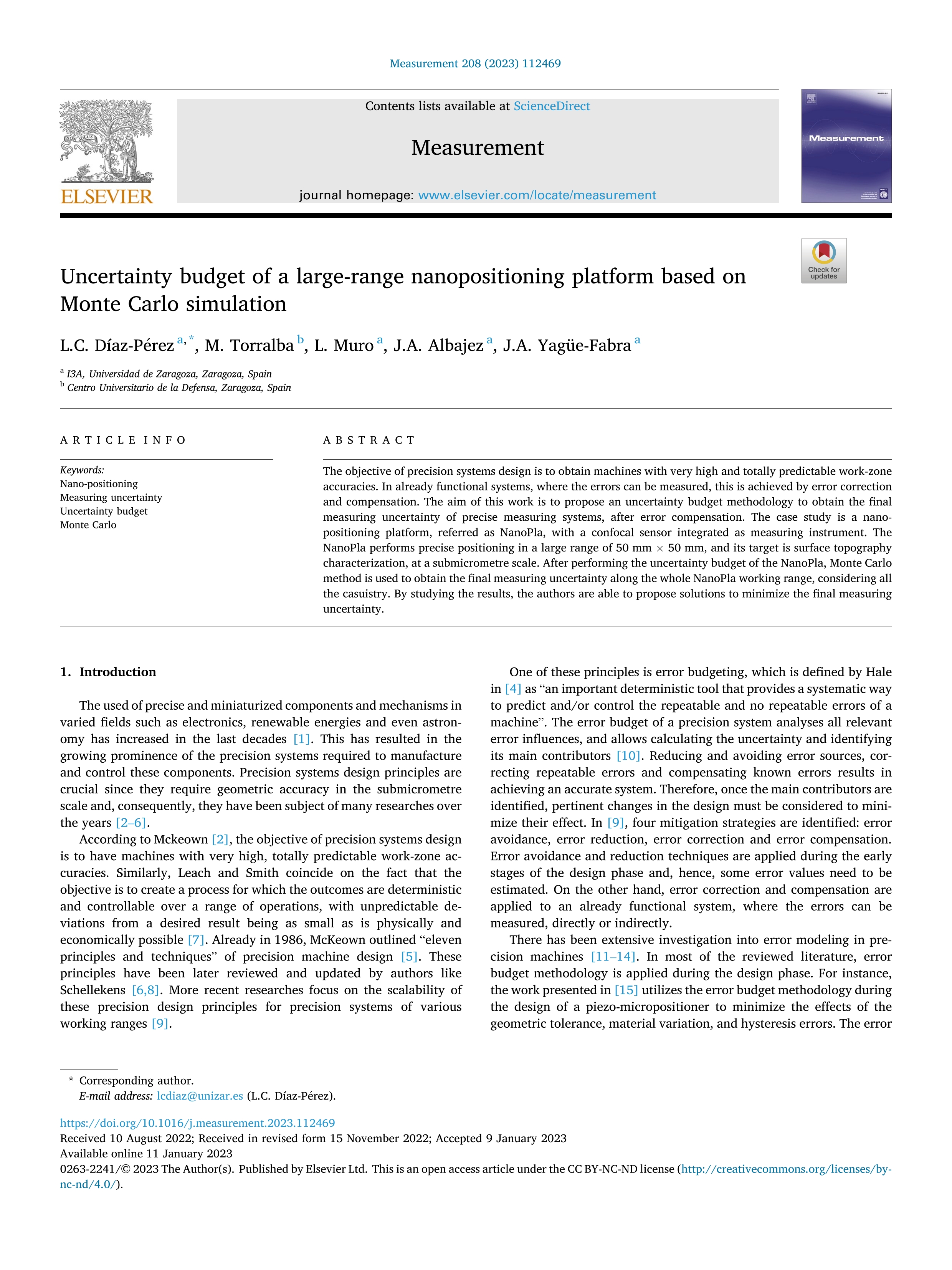 Uncertainty budget of a large-range nanopositioning platform based on Monte Carlo simulation