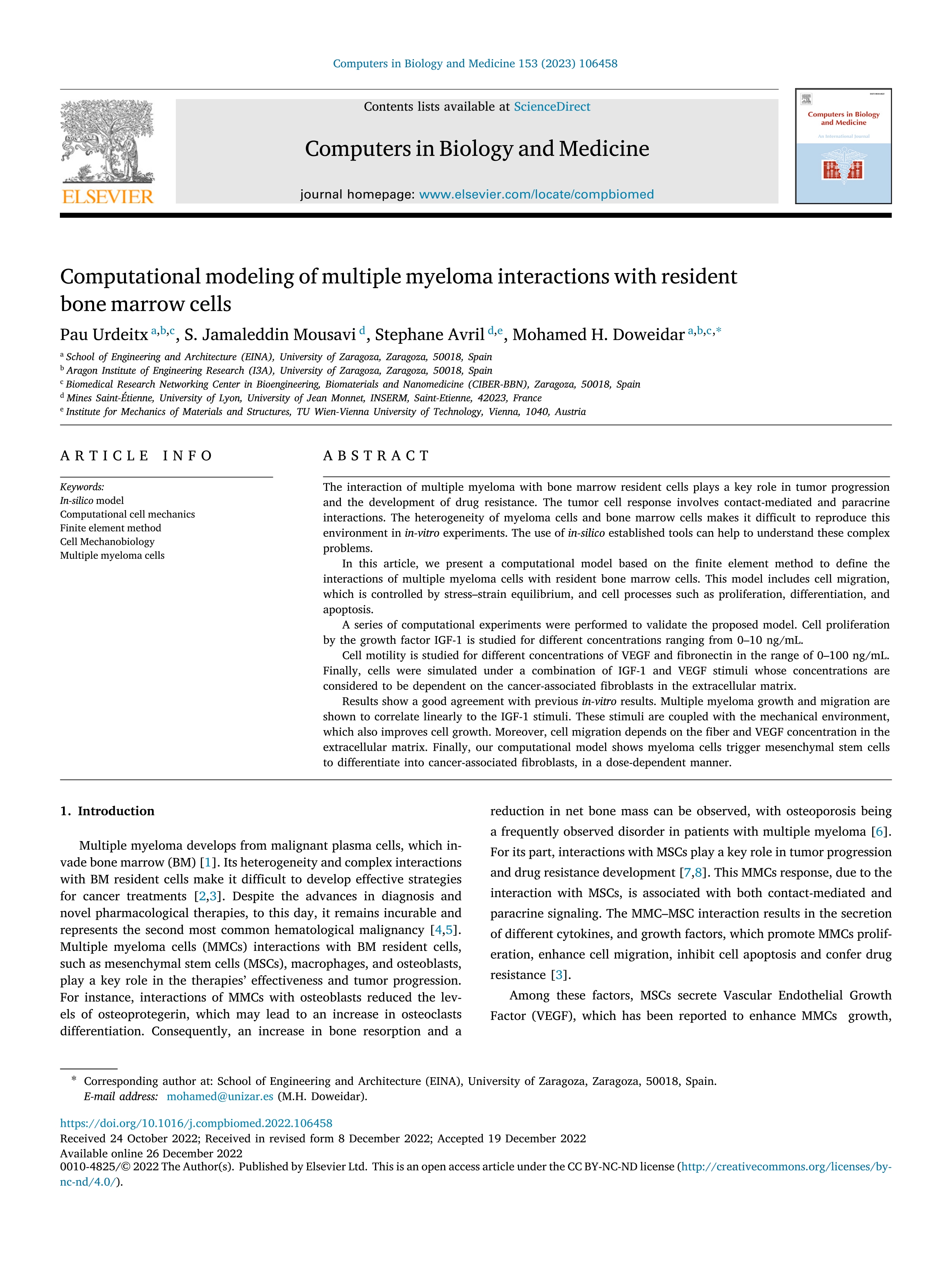 Computational modeling of multiple myeloma interactions with resident bone marrow cells