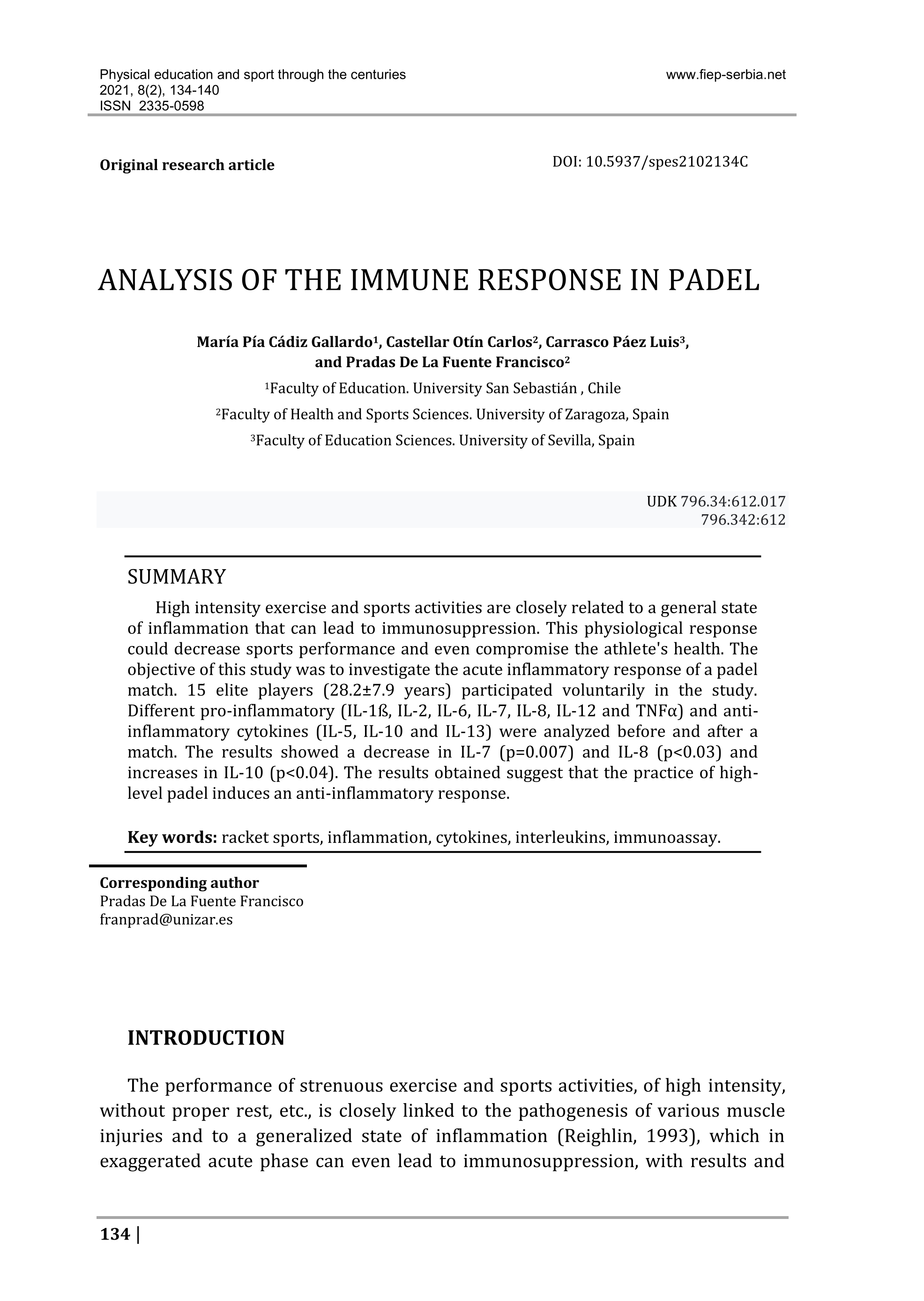 Analysis of the immune response in padel