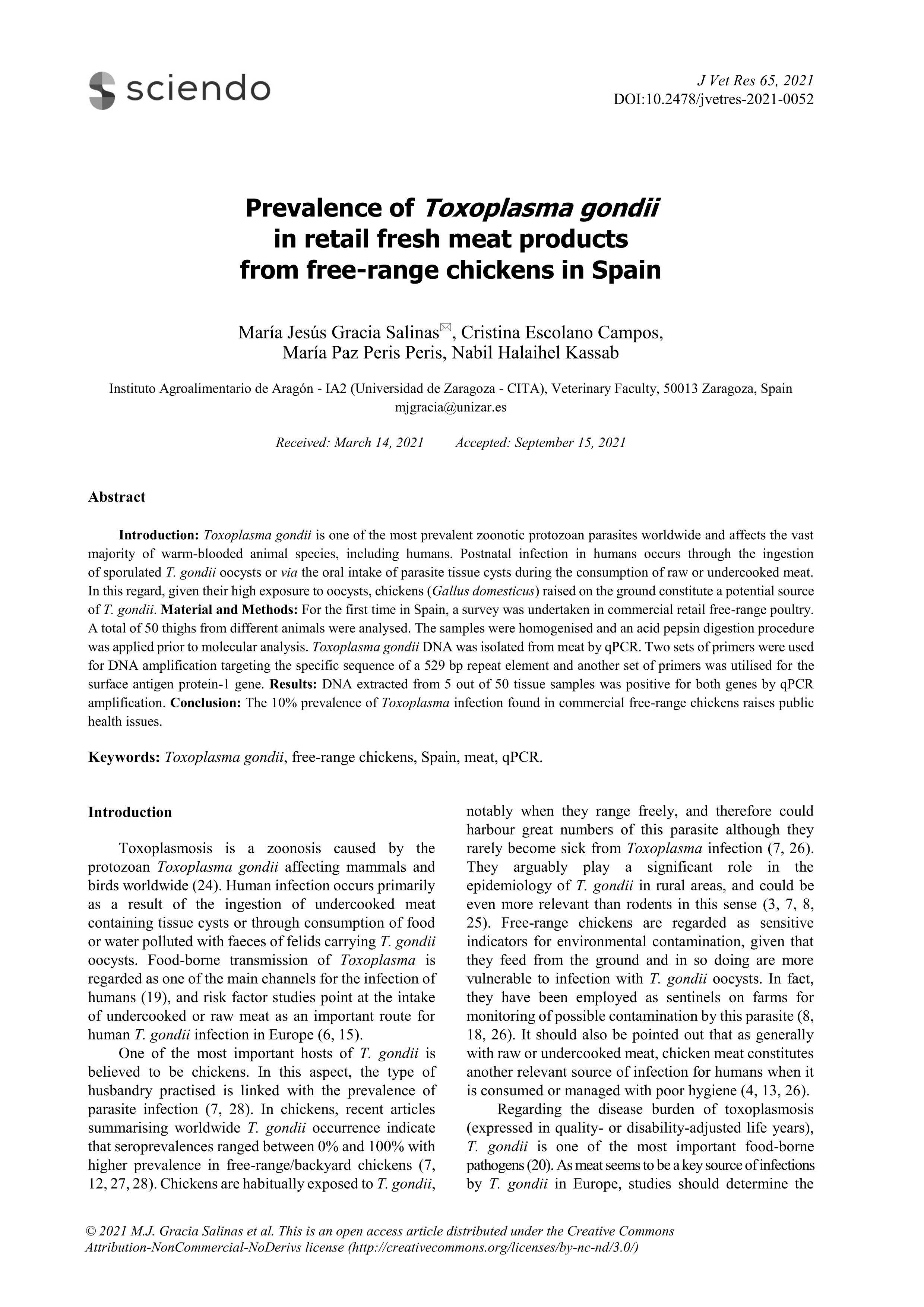 Prevalence of Toxoplasma gondii in retail fresh meat products from free-range chickens in Spain