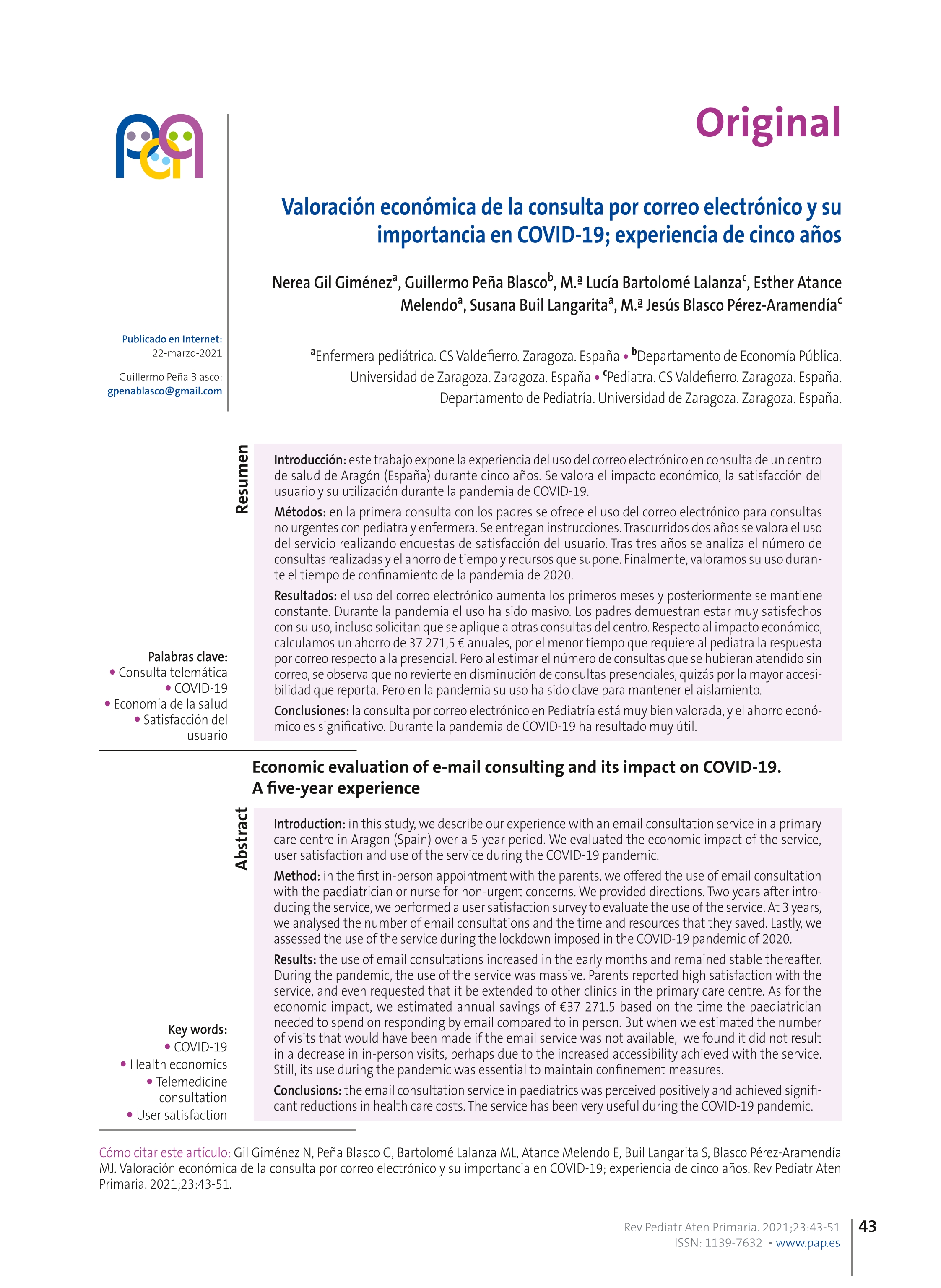 Valoración económica de la consulta por correo electrónico y su importancia en COVID-19; experiencia de cinco años