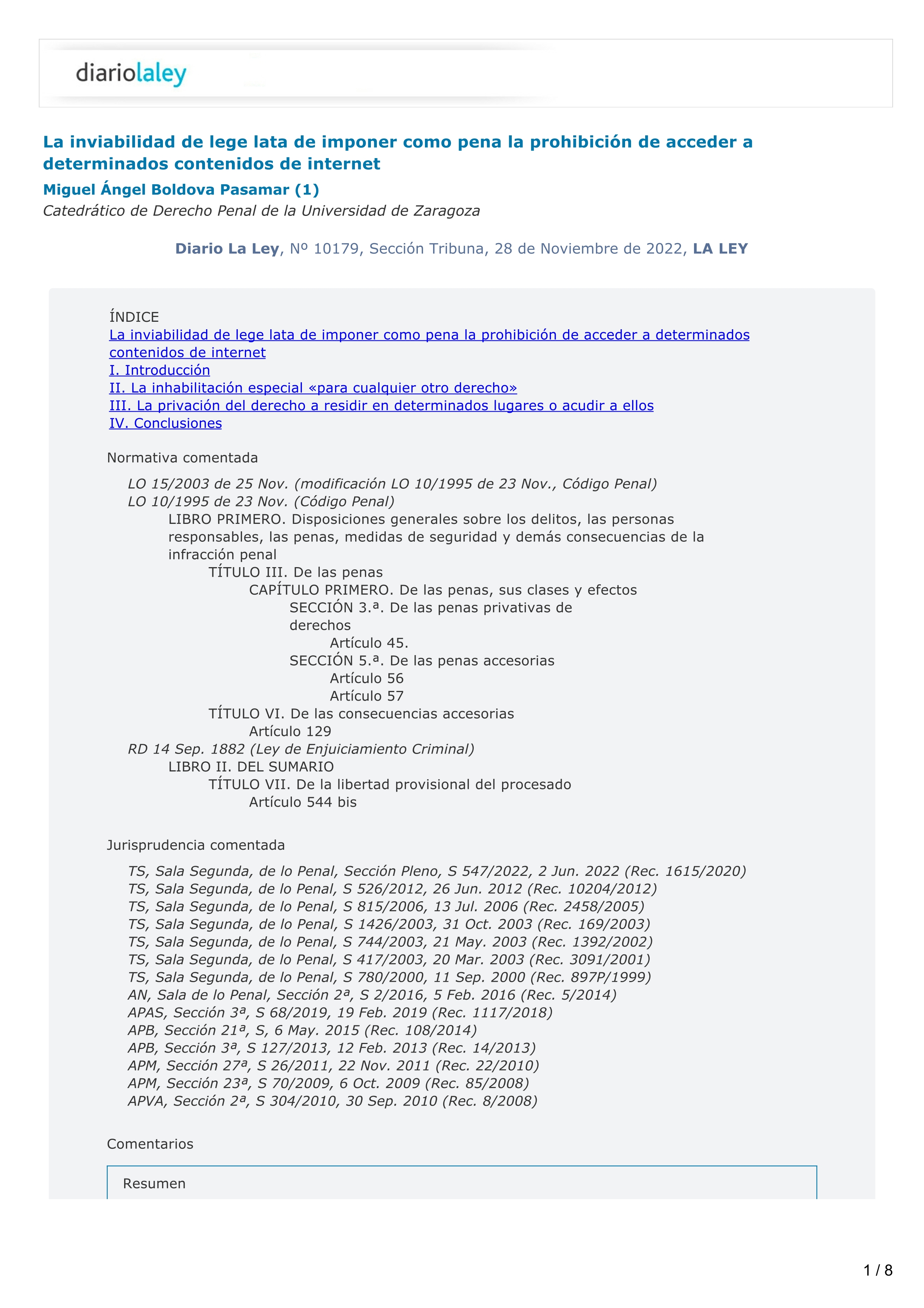 La inviabilidad de lege lata de imponer como pena la prohibición de acceder a determinados contenidos de internet