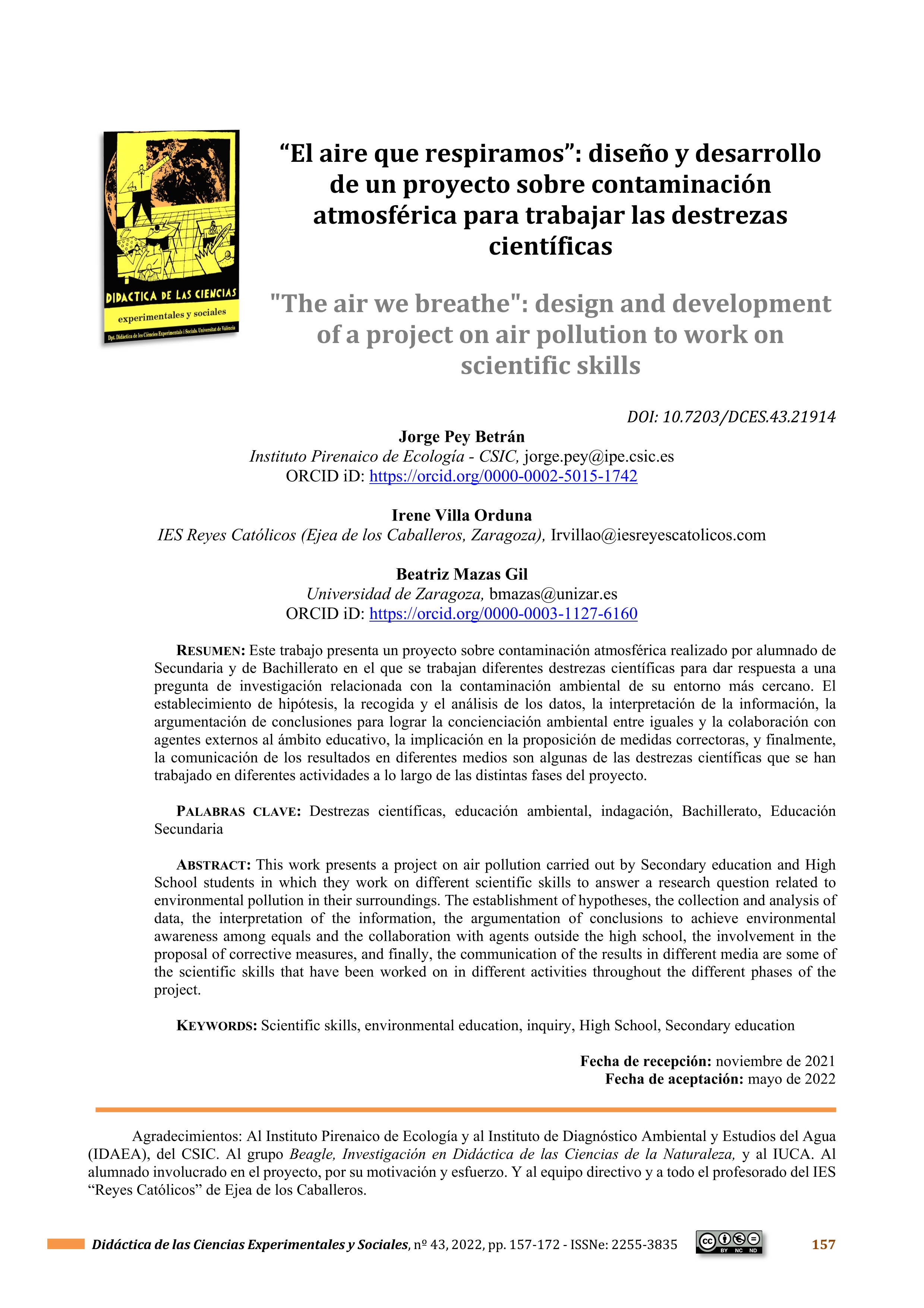 “El aire que respiramos”: diseño y desarrollo de un proyecto sobre contaminación atmosférica para trabajar las destrezas científicas
