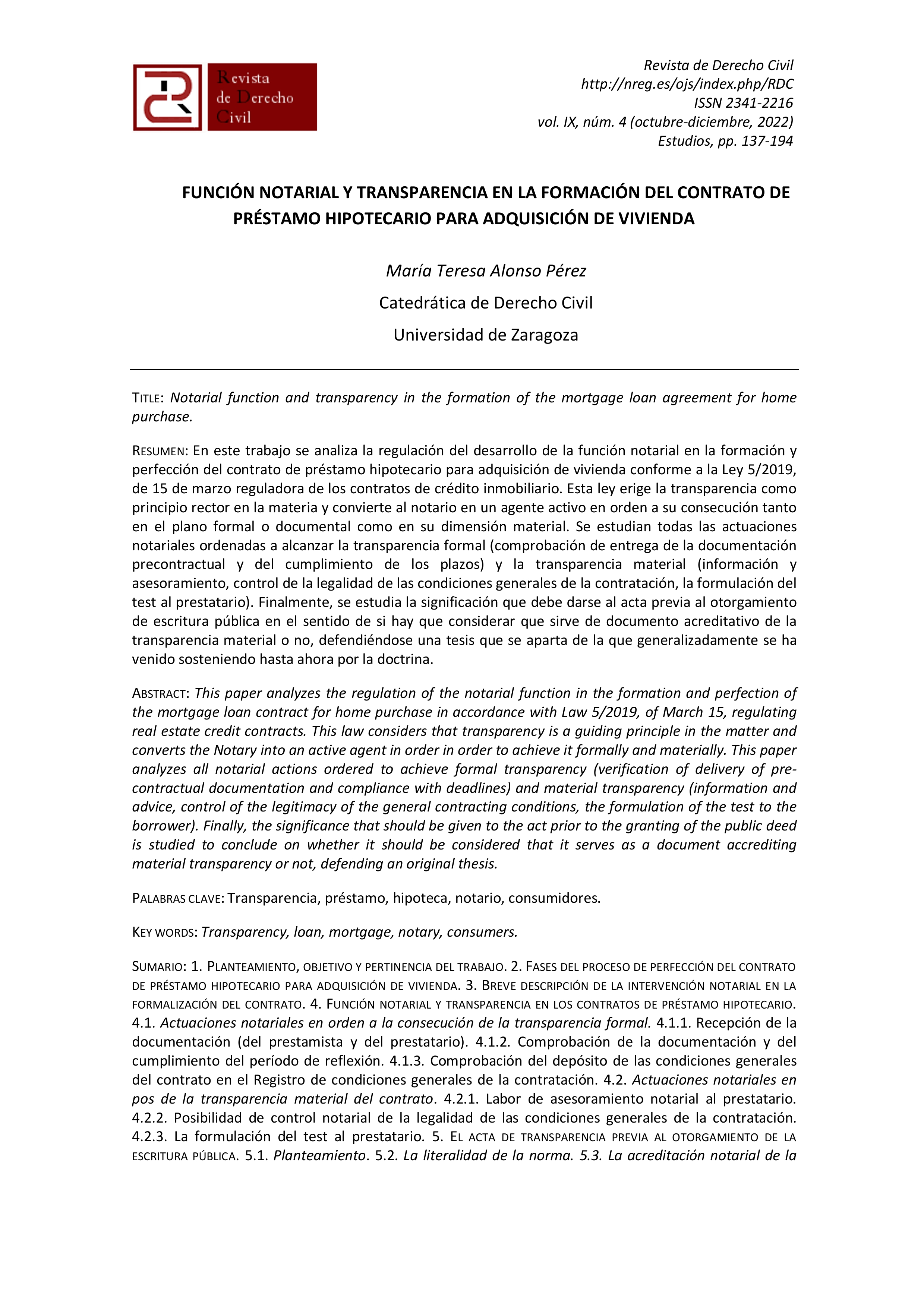 Función notarial y transparencia en la formación del contrato de préstamo hipotecario para adquisición de vivienda