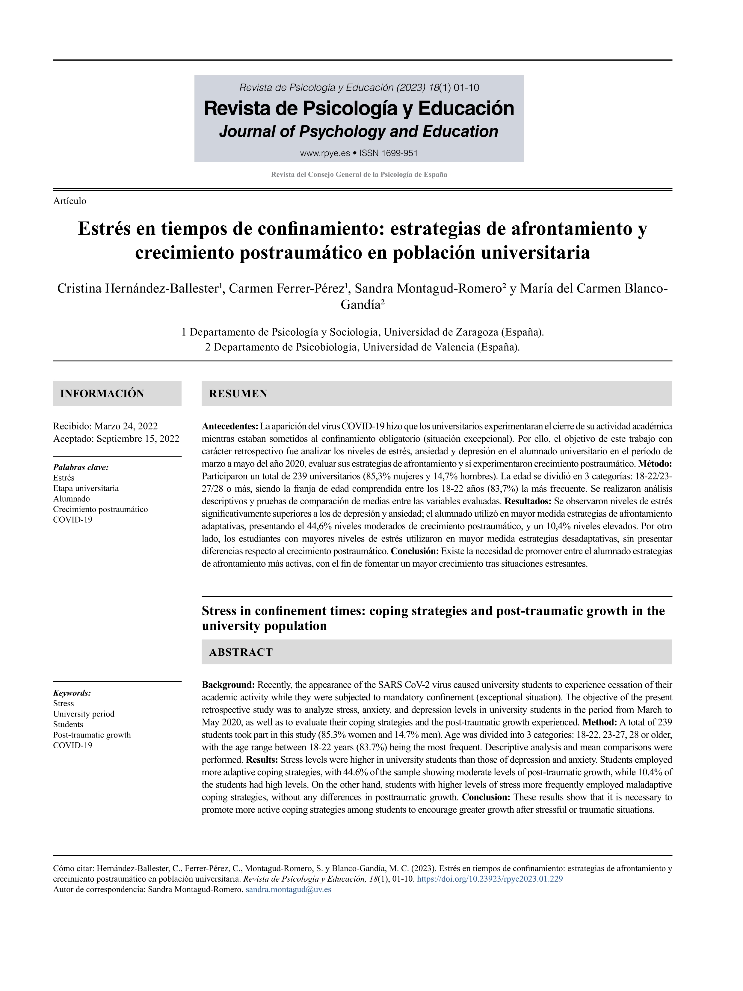 Estrés en tiempos de confinamiento: estrategias de afrontamiento y crecimiento postraumático en población universitaria.