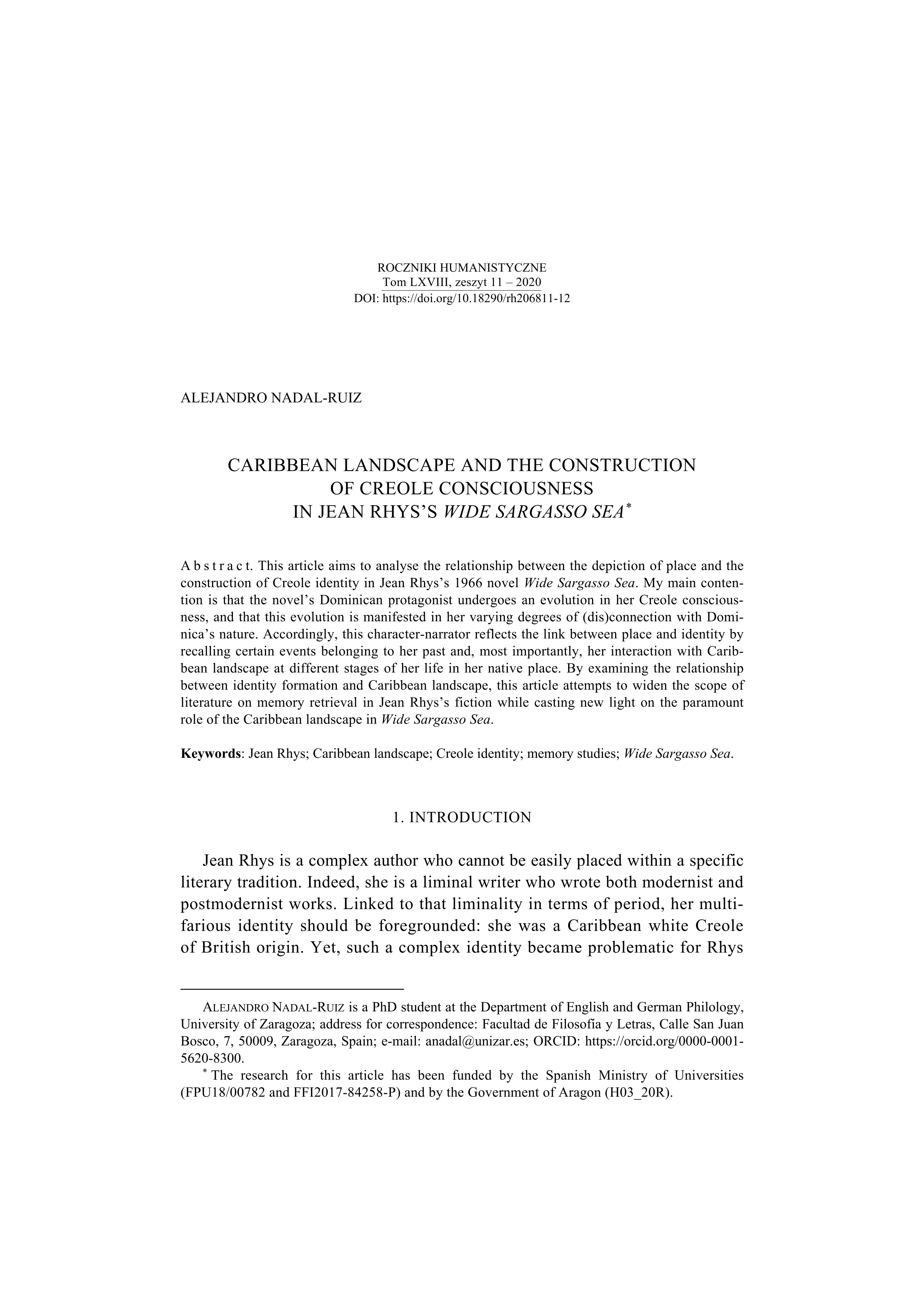 Caribbean Landscape and the Construction of Creole Consciousness in Jean Rhys’s Wide Sargasso Sea