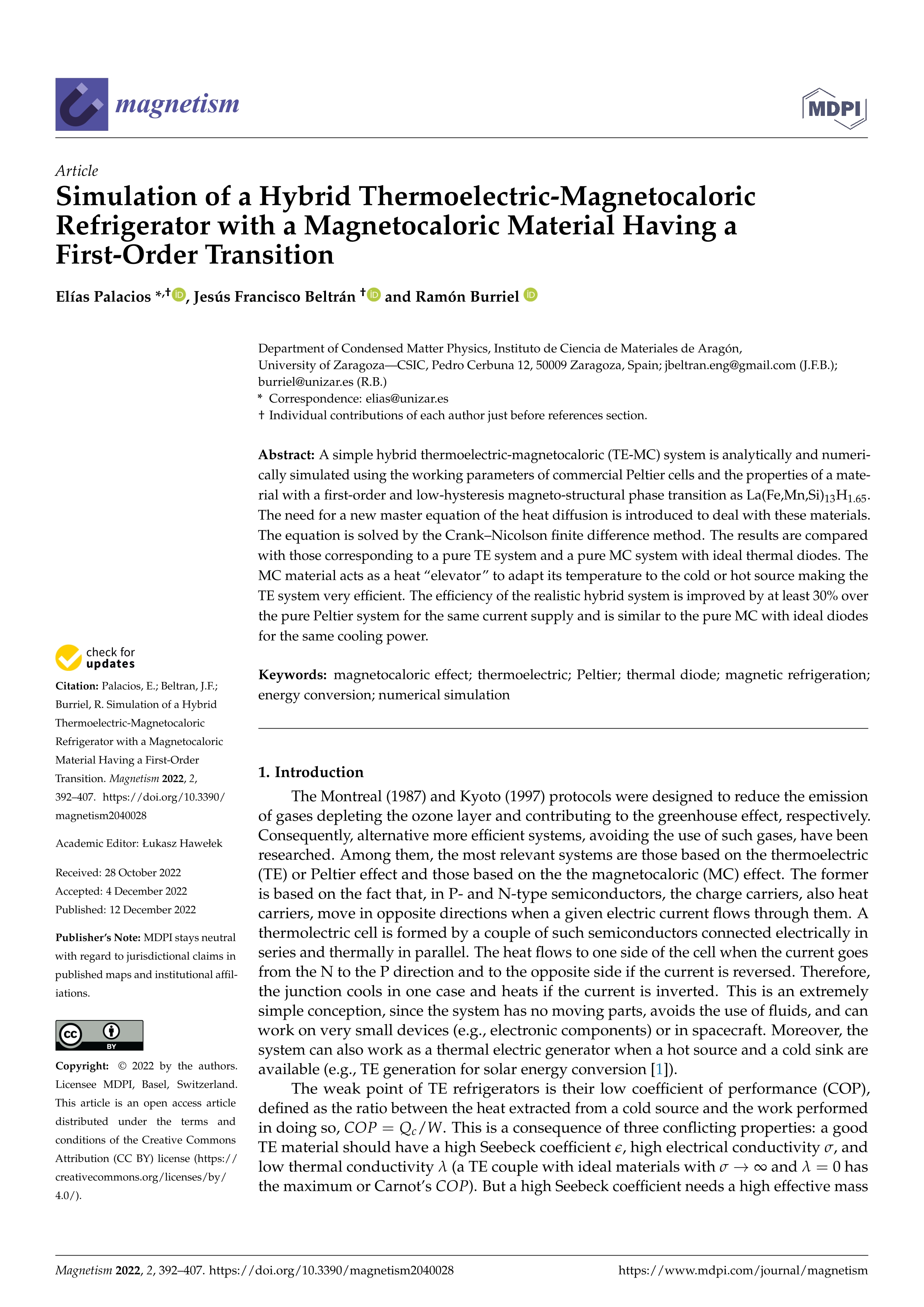 Simulation of a Hybrid Thermoelectric-Magnetocaloric Refrigerator with a Magnetocaloric Material Having a First-Order Transition