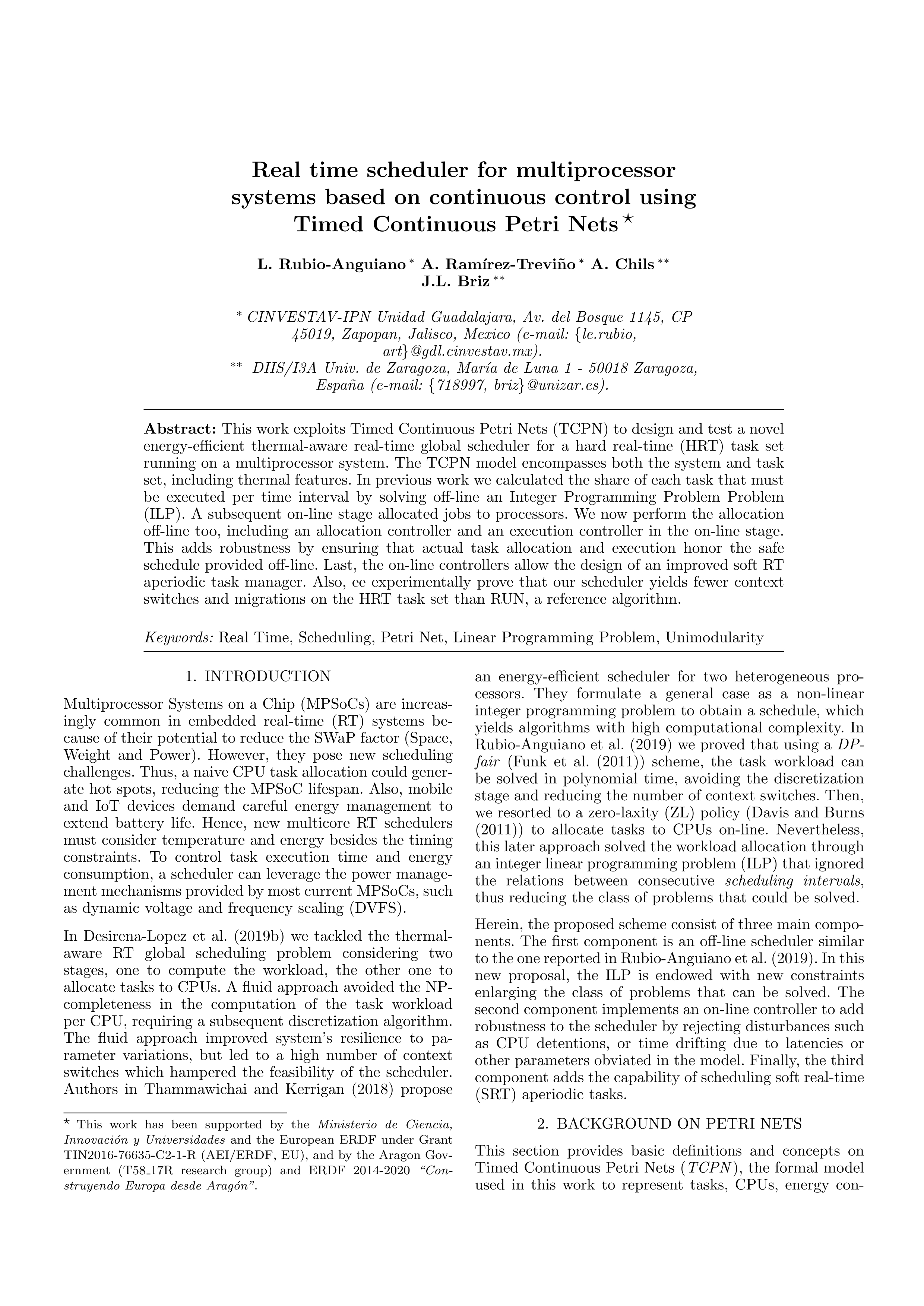 Real time scheduler for multiprocessor systems based on continuous control using timed continuous petri nets
