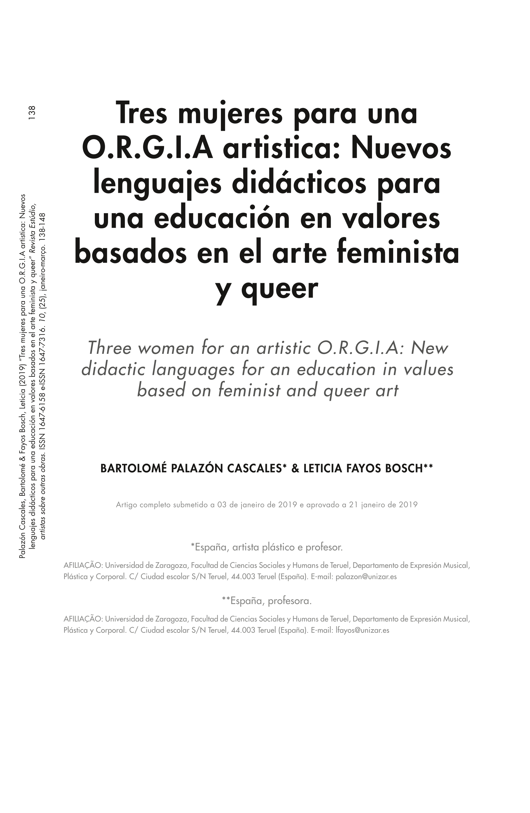 3 Mujeres para una orgÍa artística :Nuevos lenguajes didácticos para una educación en valores basados en el arte feminista
