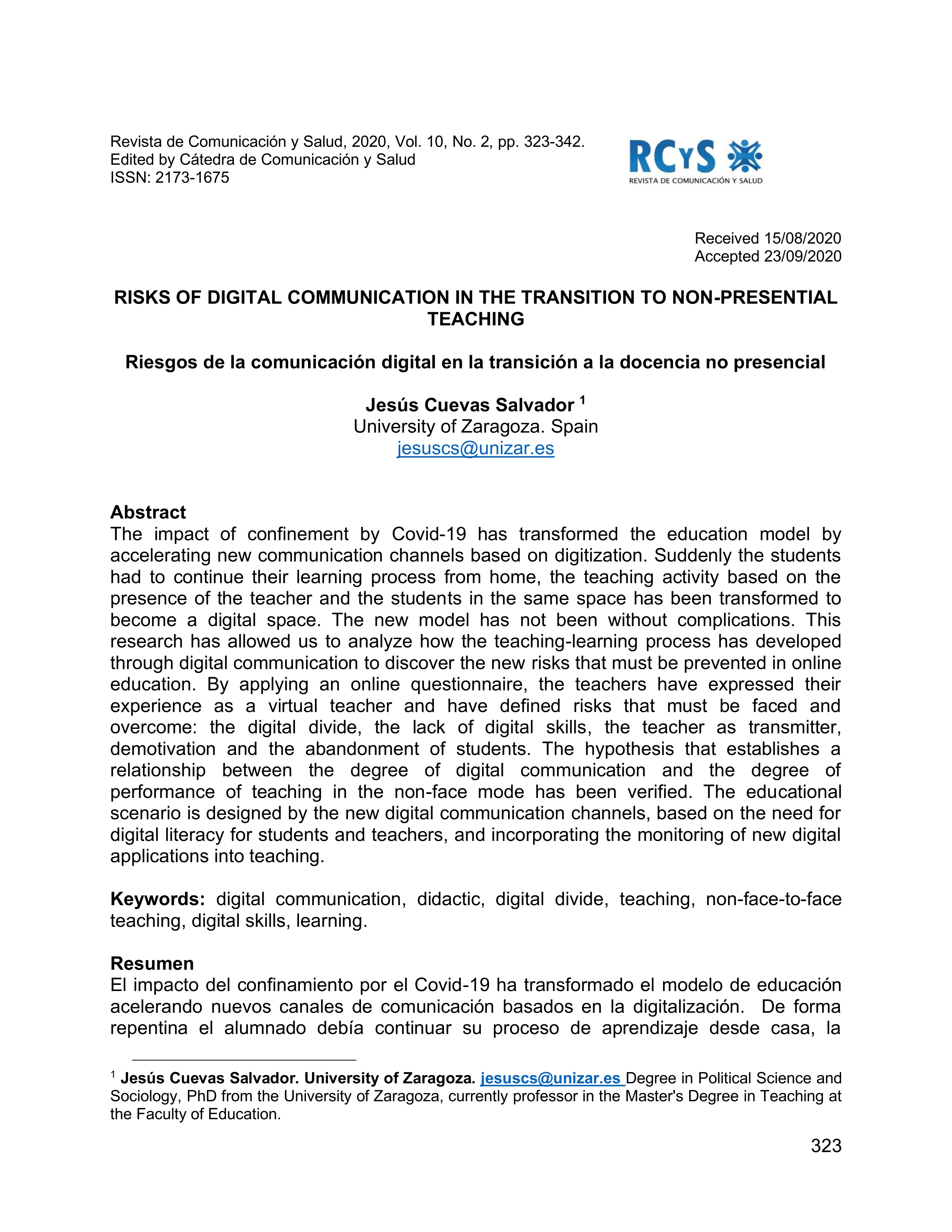 Riegos de la comunicación digital en la transición a la docencia no presencial.