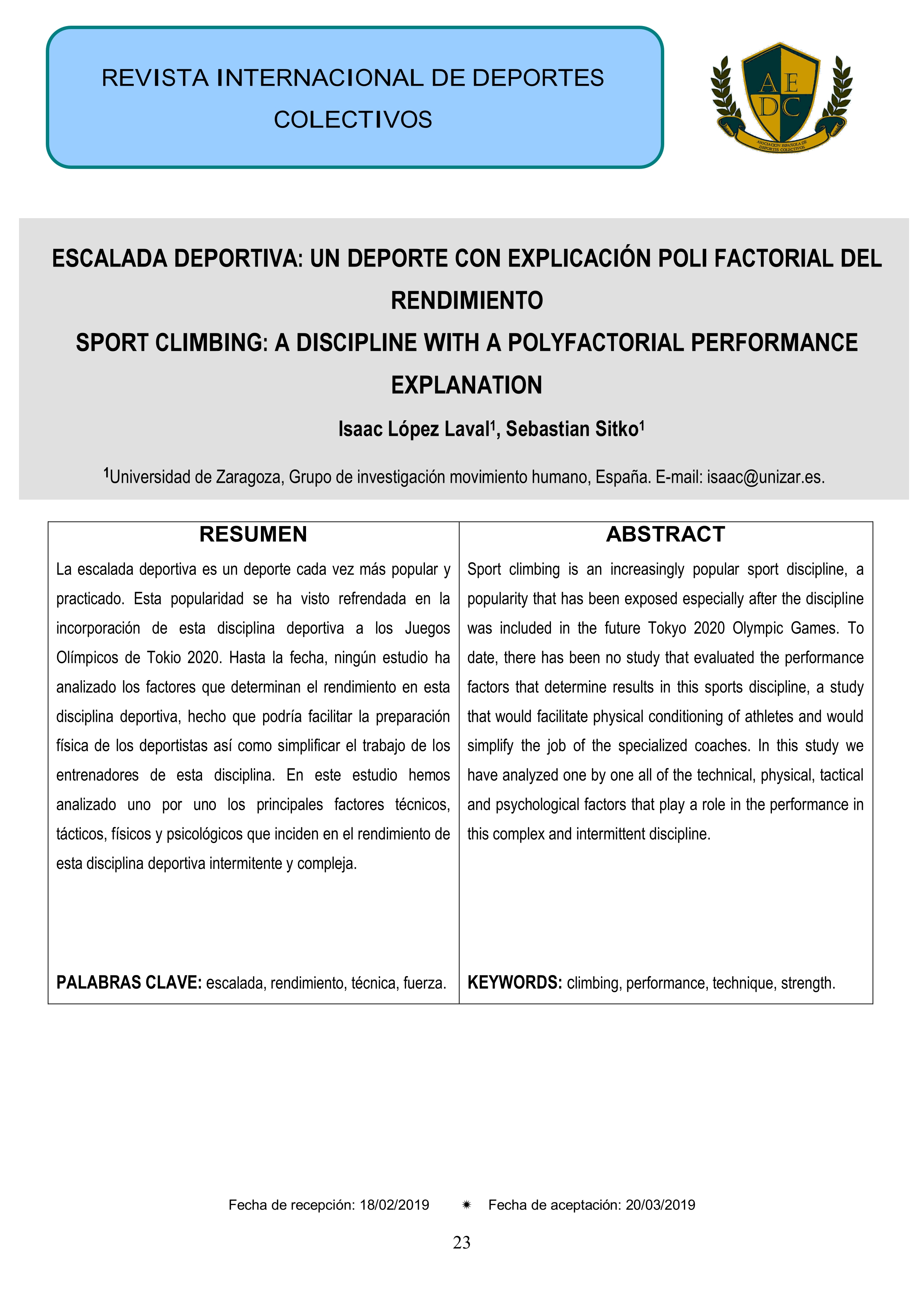 Escalada deportiva: un deporte con explicación poli factorial del rendimiento