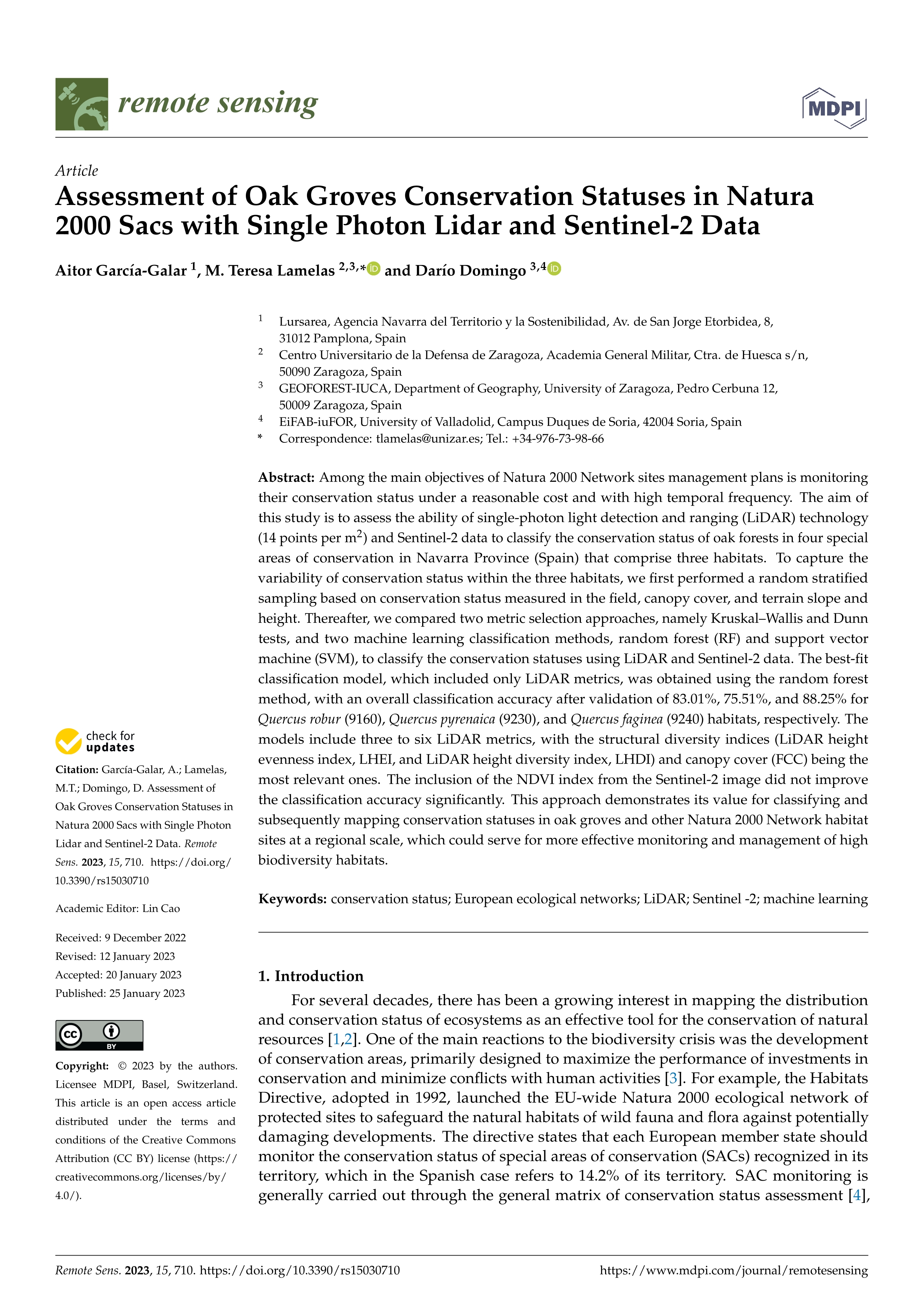 Assessment of Oak Groves Conservation Statuses in Natura 2000 Sacs with Single Photon Lidar and Sentinel-2 Data