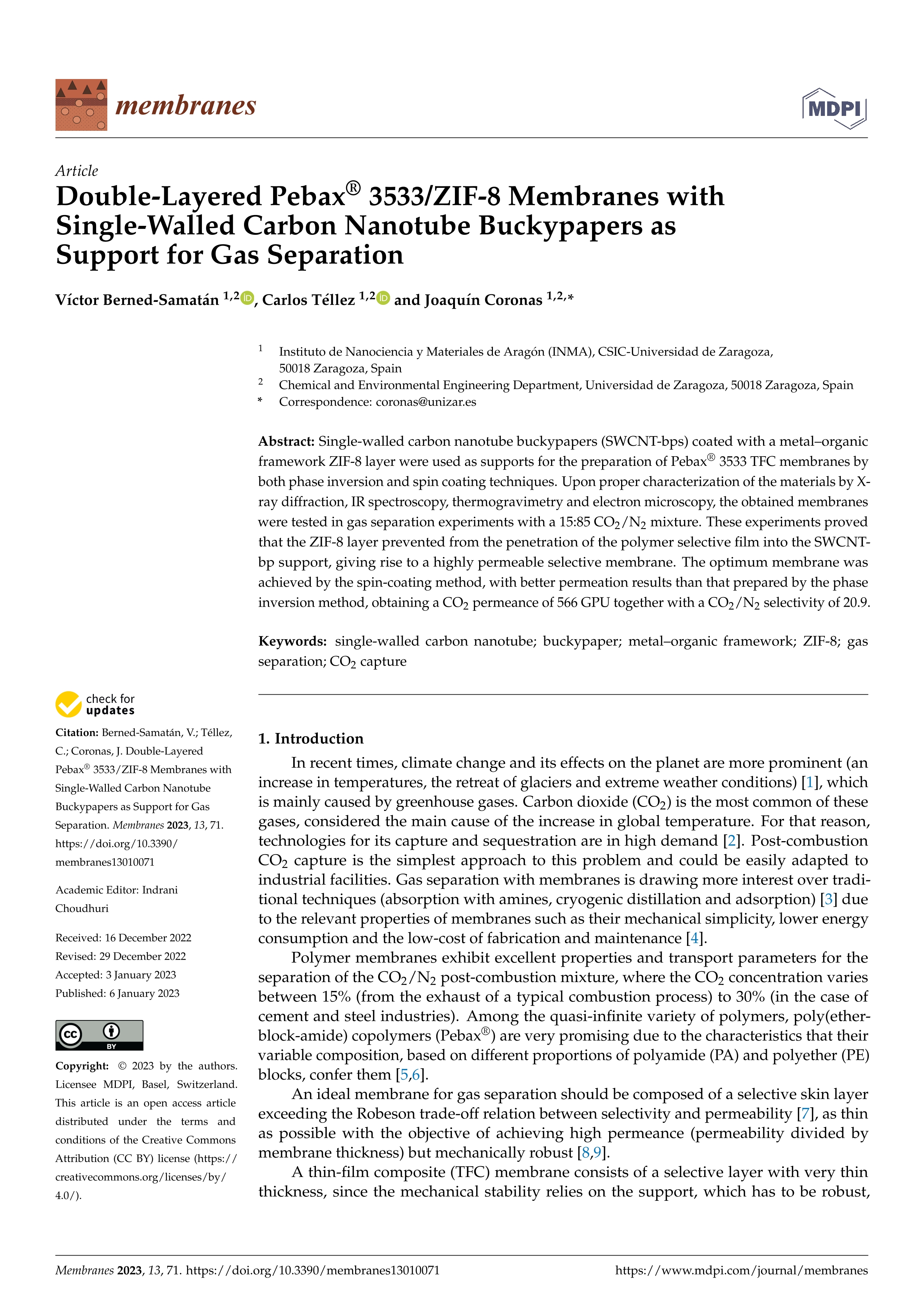 Double-Layered Pebax® 3533/ZIF-8 Membranes with Single-Walled Carbon Nanotube Buckypapers as Support for Gas Separation