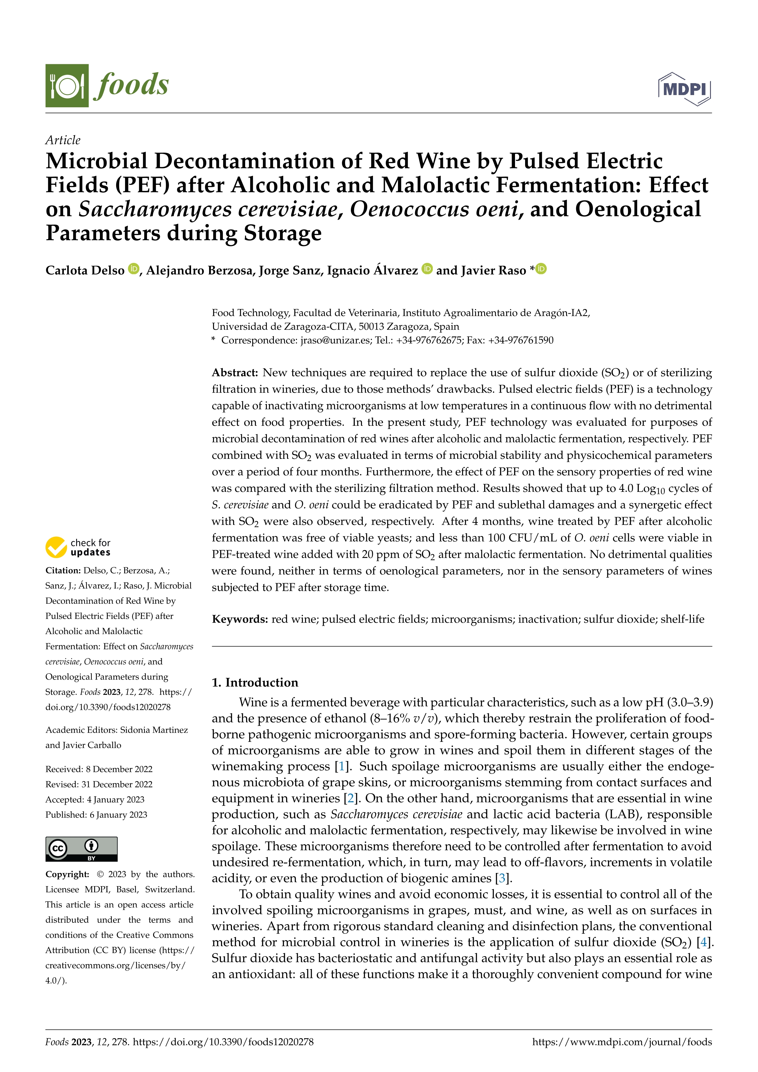 Microbial Decontamination of Red Wine by Pulsed Electric Fields (PEF) after Alcoholic and Malolactic Fermentation: Effect on Saccharomyces cerevisiae, Oenococcus oeni, and Oenological Parameters during Storage