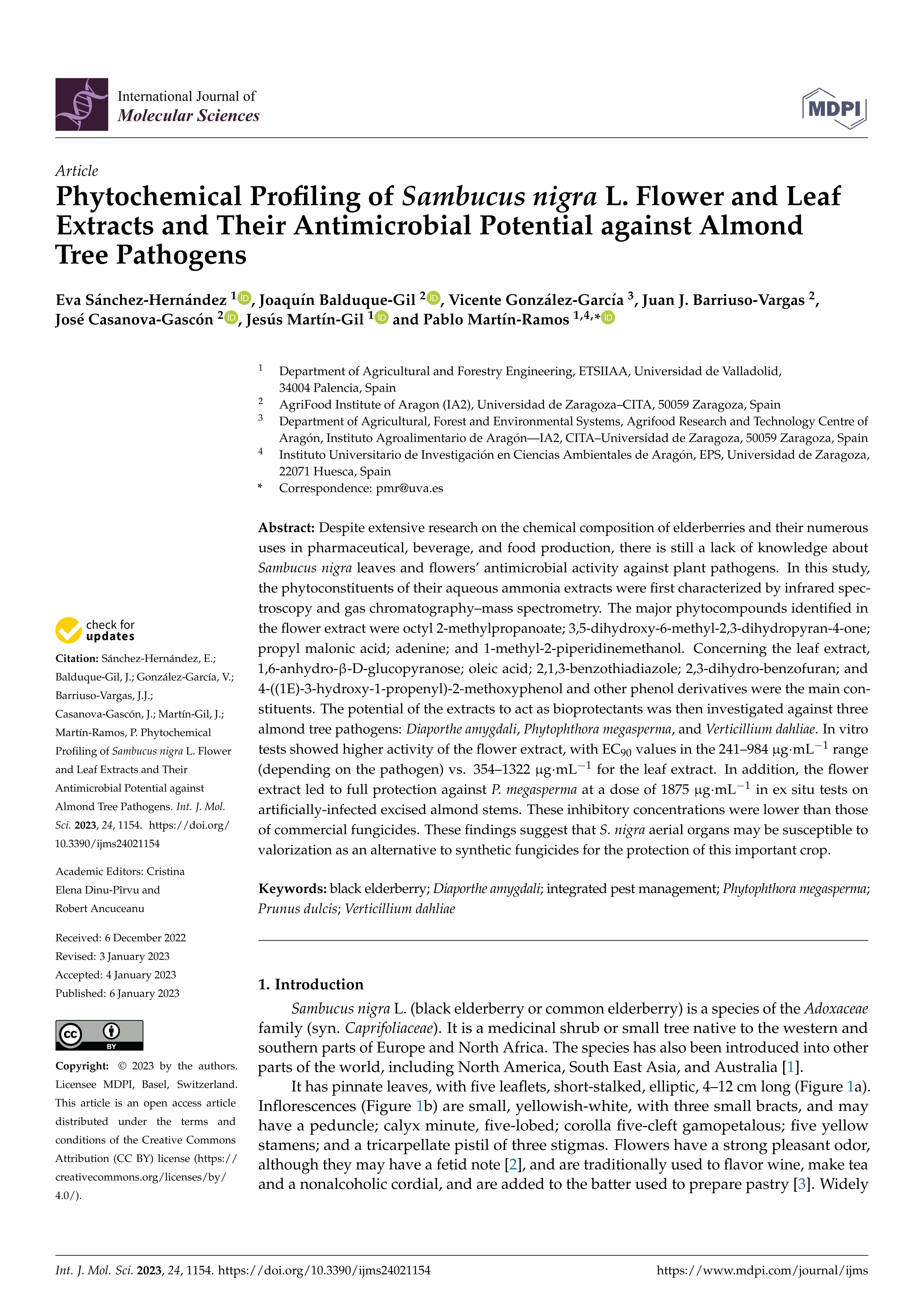 Phytochemical Profiling of Sambucus nigra L. Flower and leaf extracts and their Antimicrobial potential against almond tree pathogens