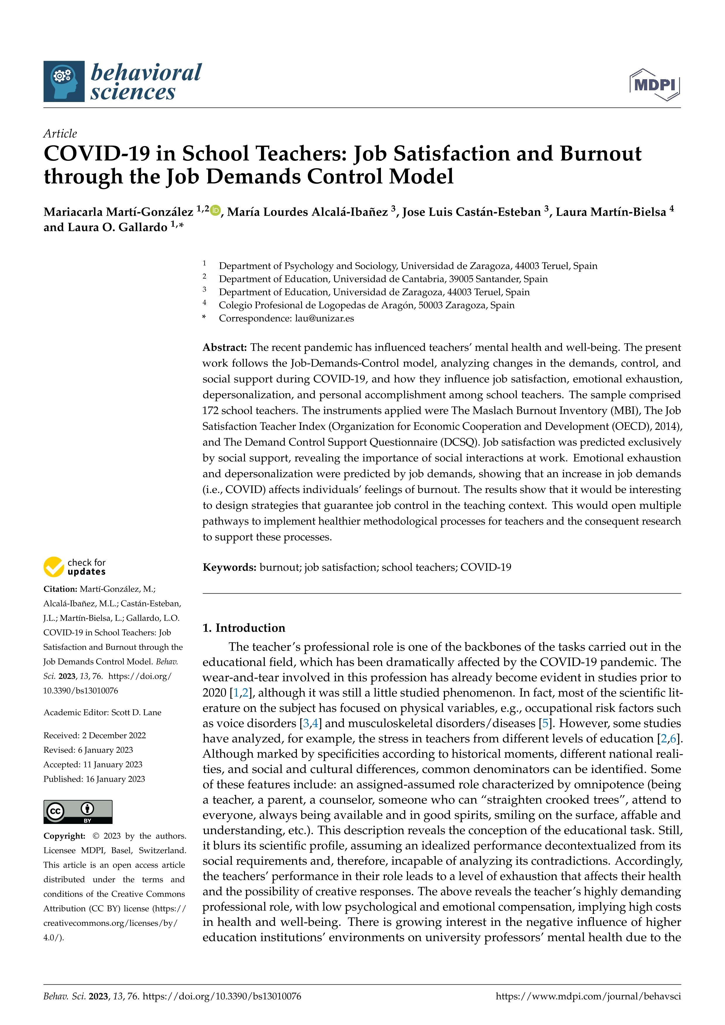 COVID-19 in School Teachers: job satisfaction and burnout through the job demands control model