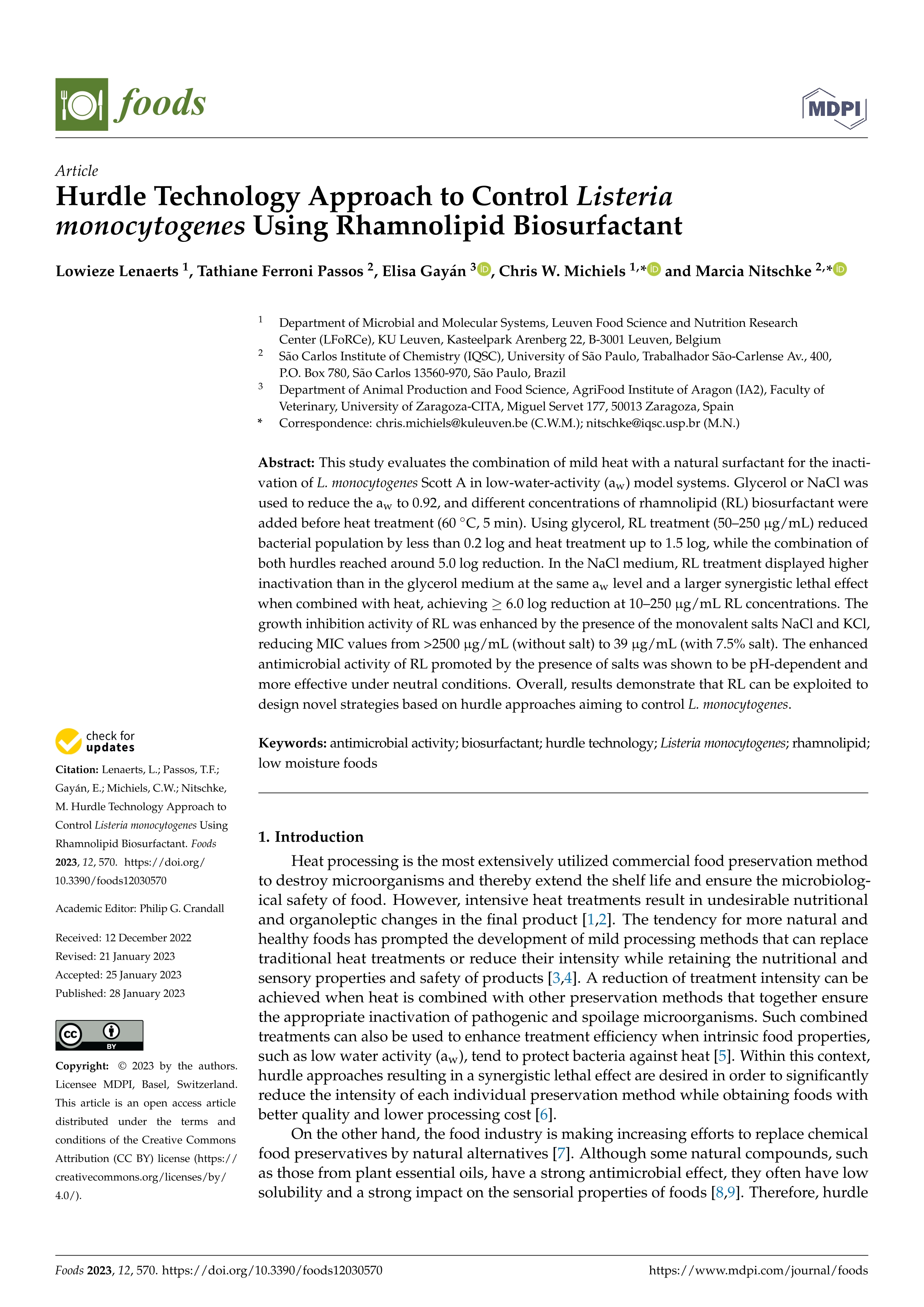 Hurdle Technology Approach to Control Listeria monocytogenes Using Rhamnolipid Biosurfactant