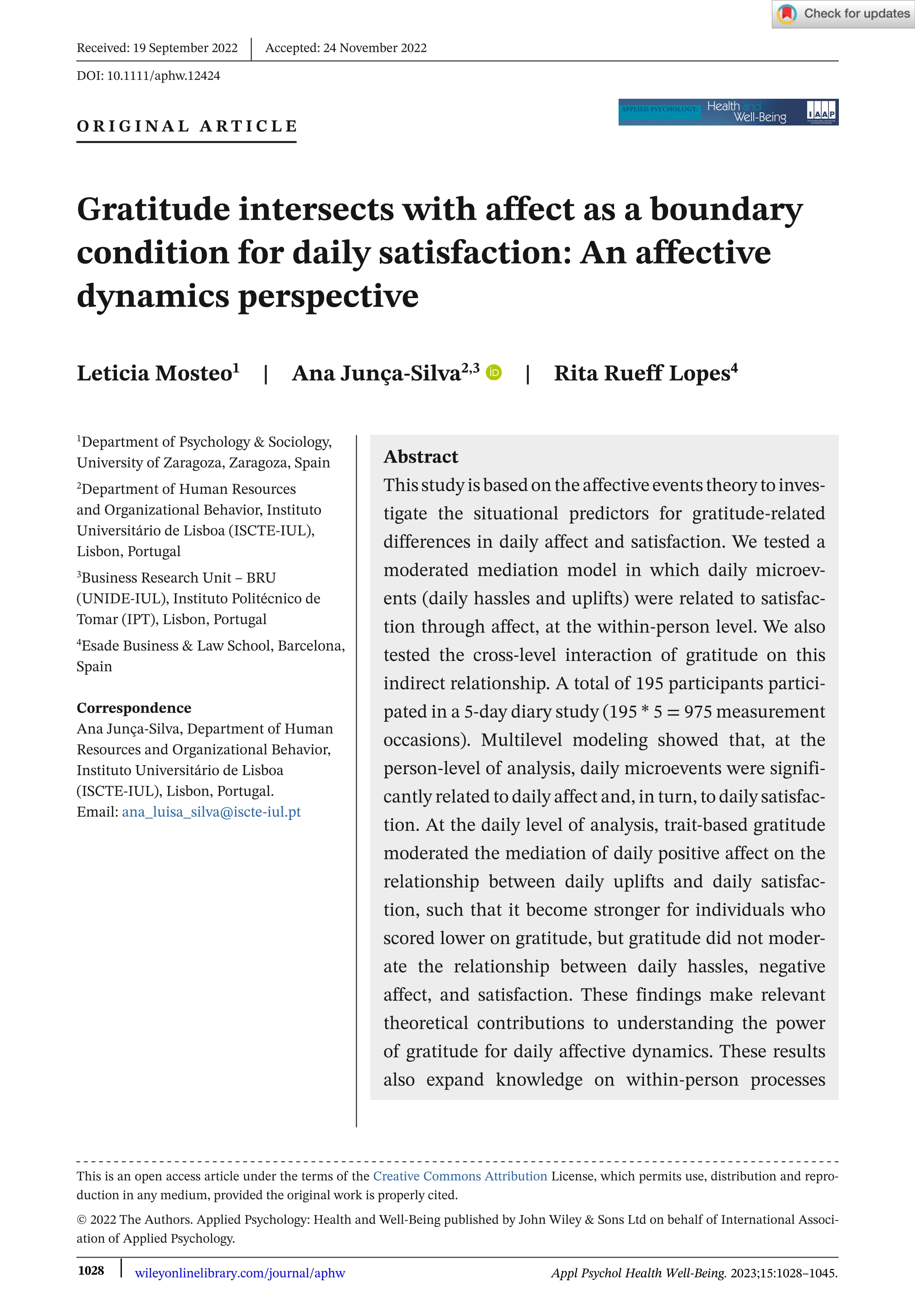 Gratitude intersects with affect as a boundary condition for daily satisfaction: An affective dynamics perspective