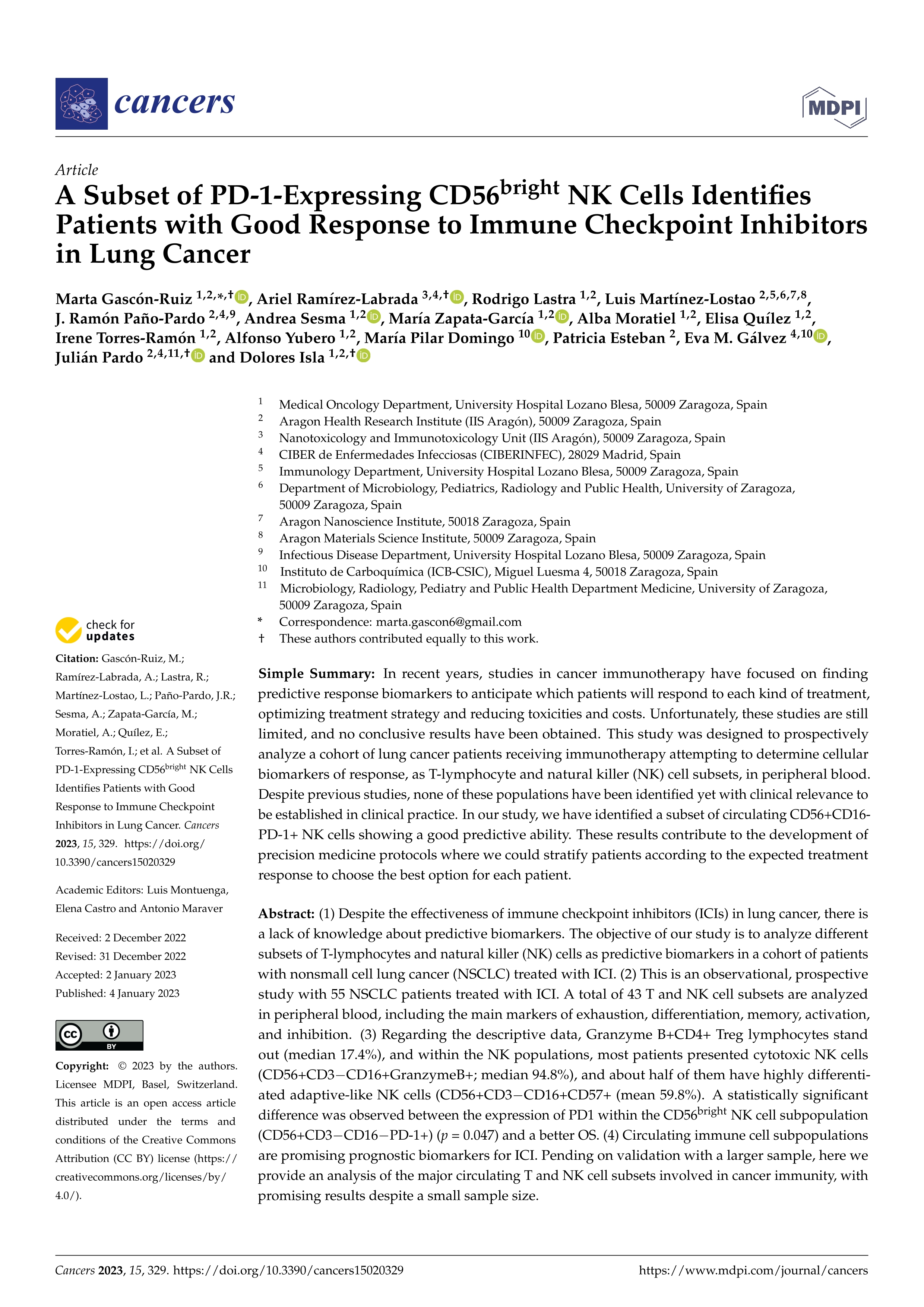 A Subset of PD-1-Expressing CD56bright NK Cells Identifies Patients with Good Response to Immune Checkpoint Inhibitors in Lung Cancer