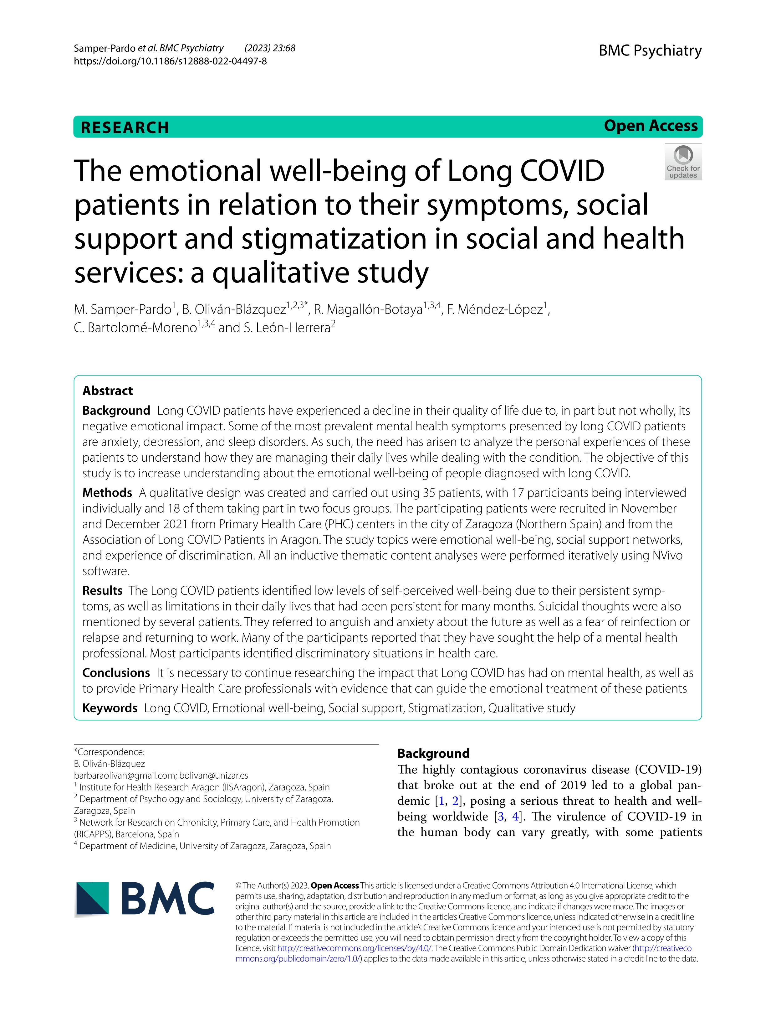 The emotional well-being of Long COVID patients in relation to their symptoms, social support and stigmatization in social and health services: a qualitative study