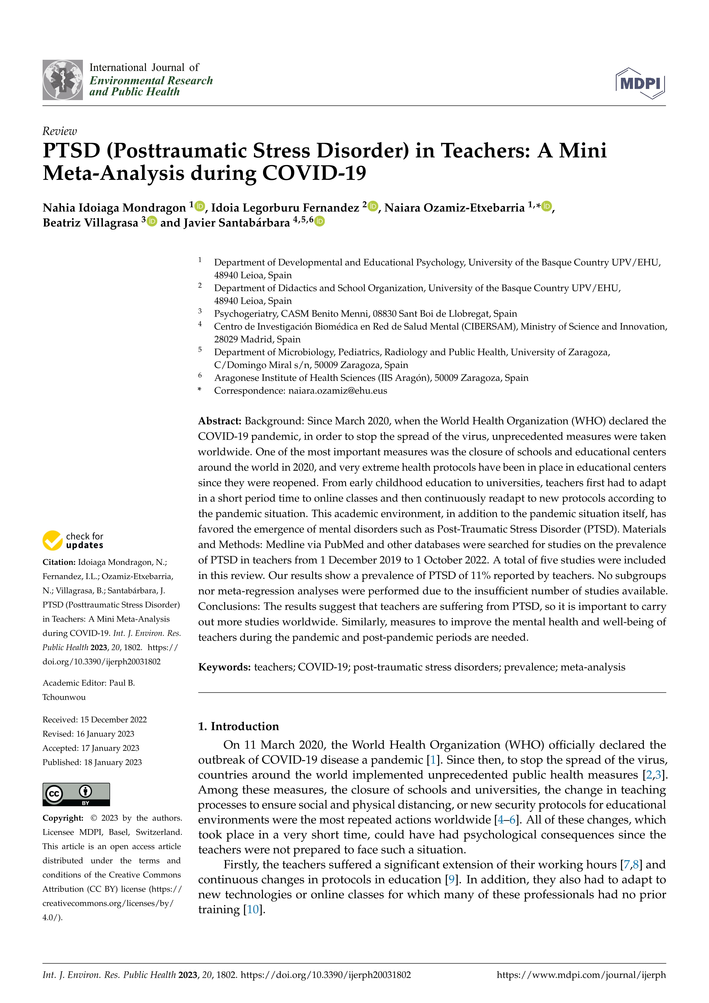 PTSD (Posttraumatic Stress Disorder) in teachers: a mini meta-analysis during COVID-19