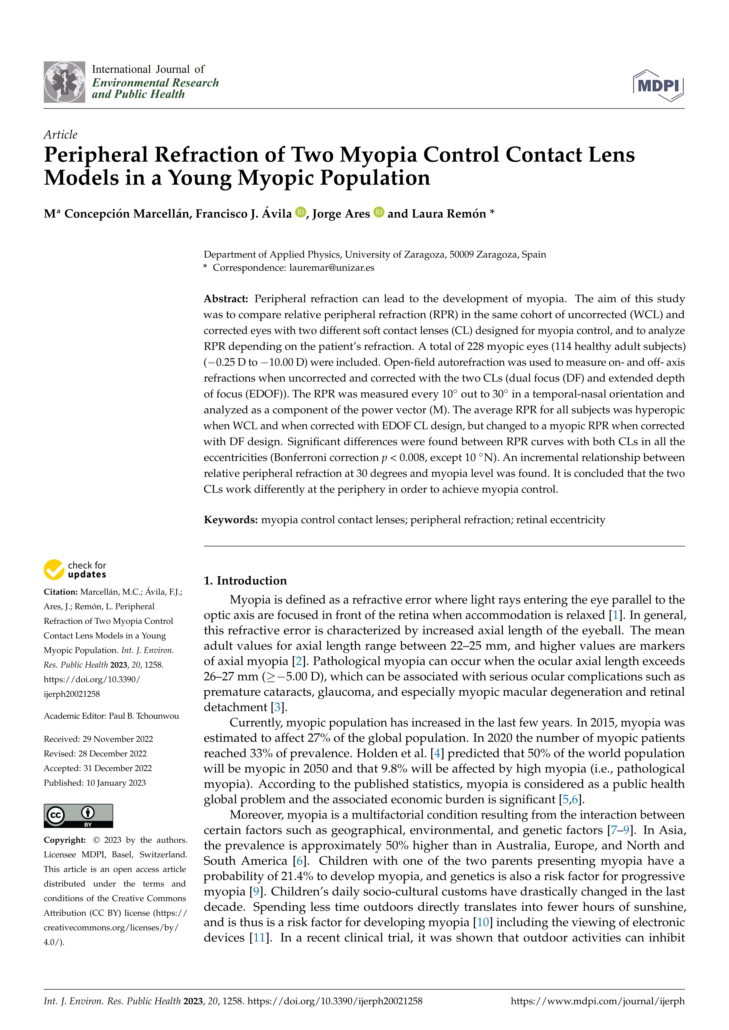 Peripheral Refraction of Two Myopia Control Contact Lens Models in a Young Myopic Population