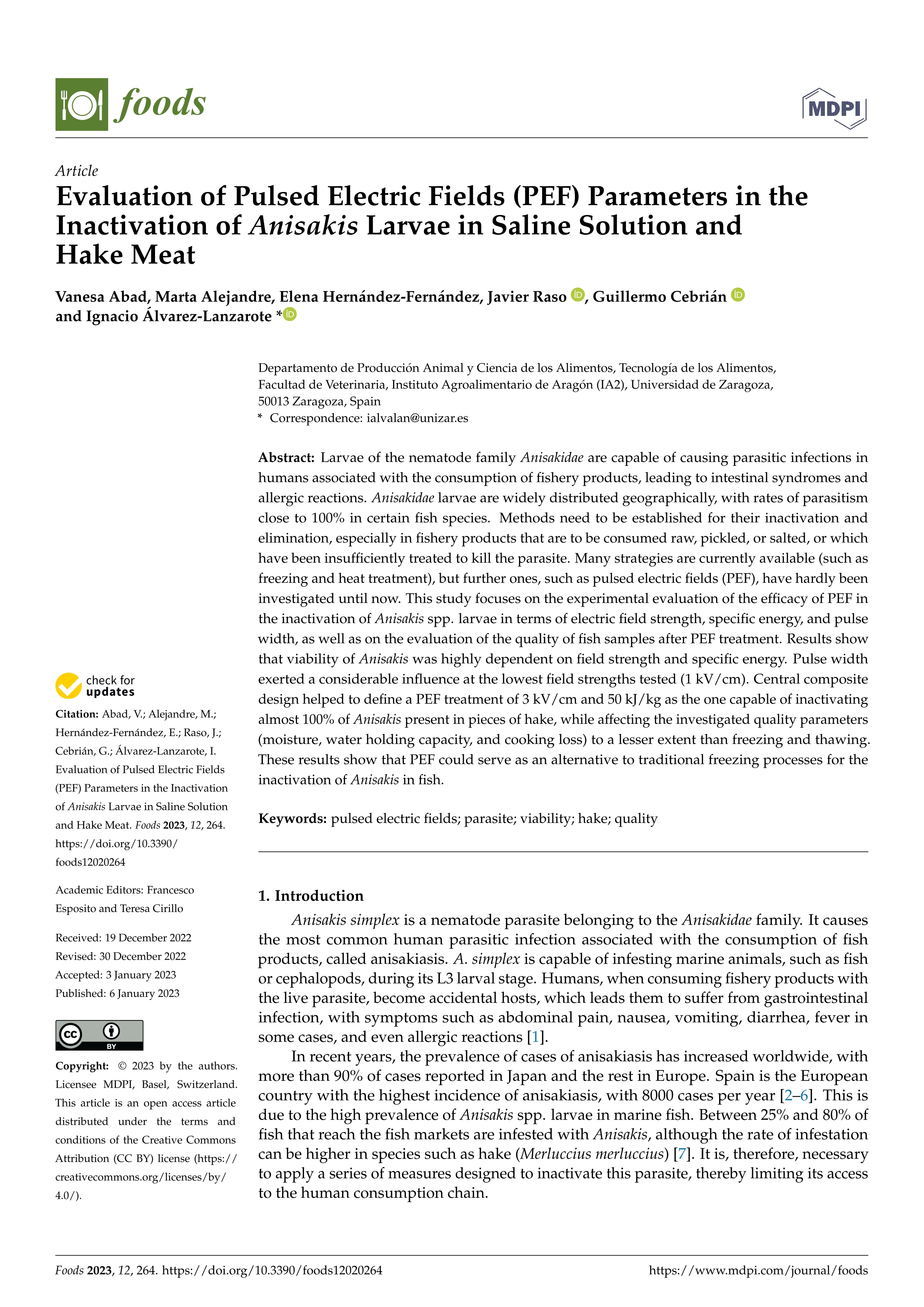 Evaluation of Pulsed Electric Fields (PEF) Parameters in the Inactivation of Anisakis Larvae in Saline Solution and Hake Meat