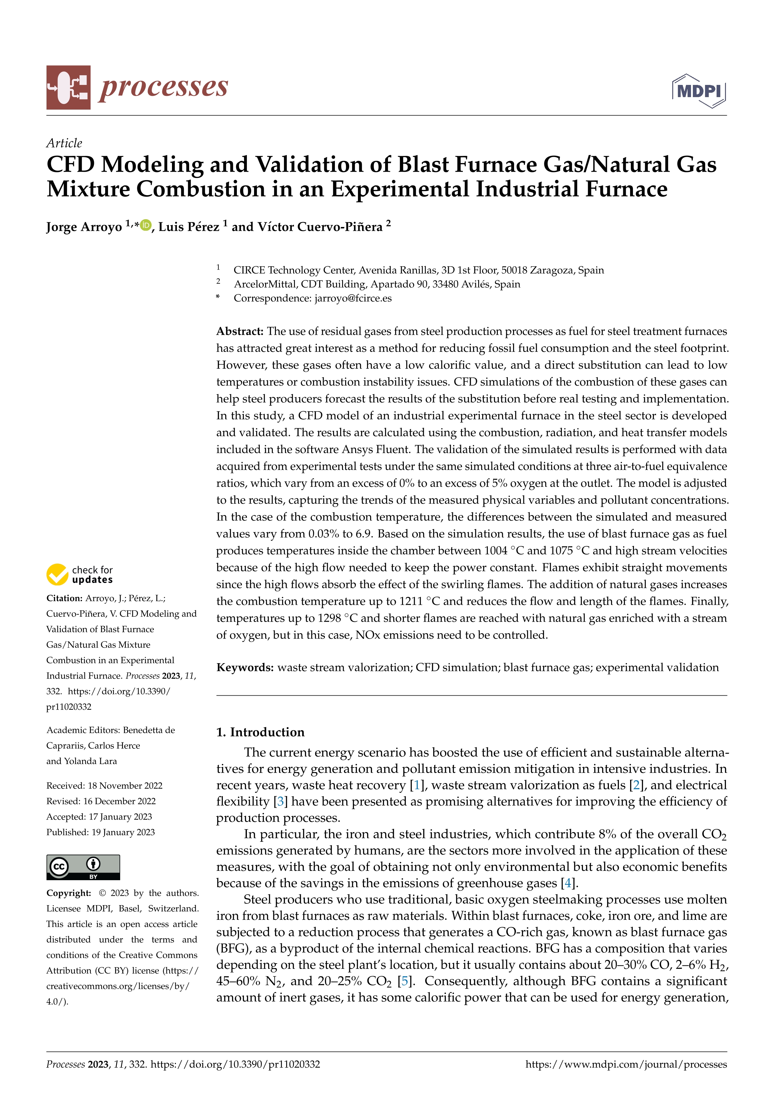 CFD Modeling and Validation of Blast Furnace Gas/Natural Gas Mixture Combustion in an Experimental Industrial Furnace