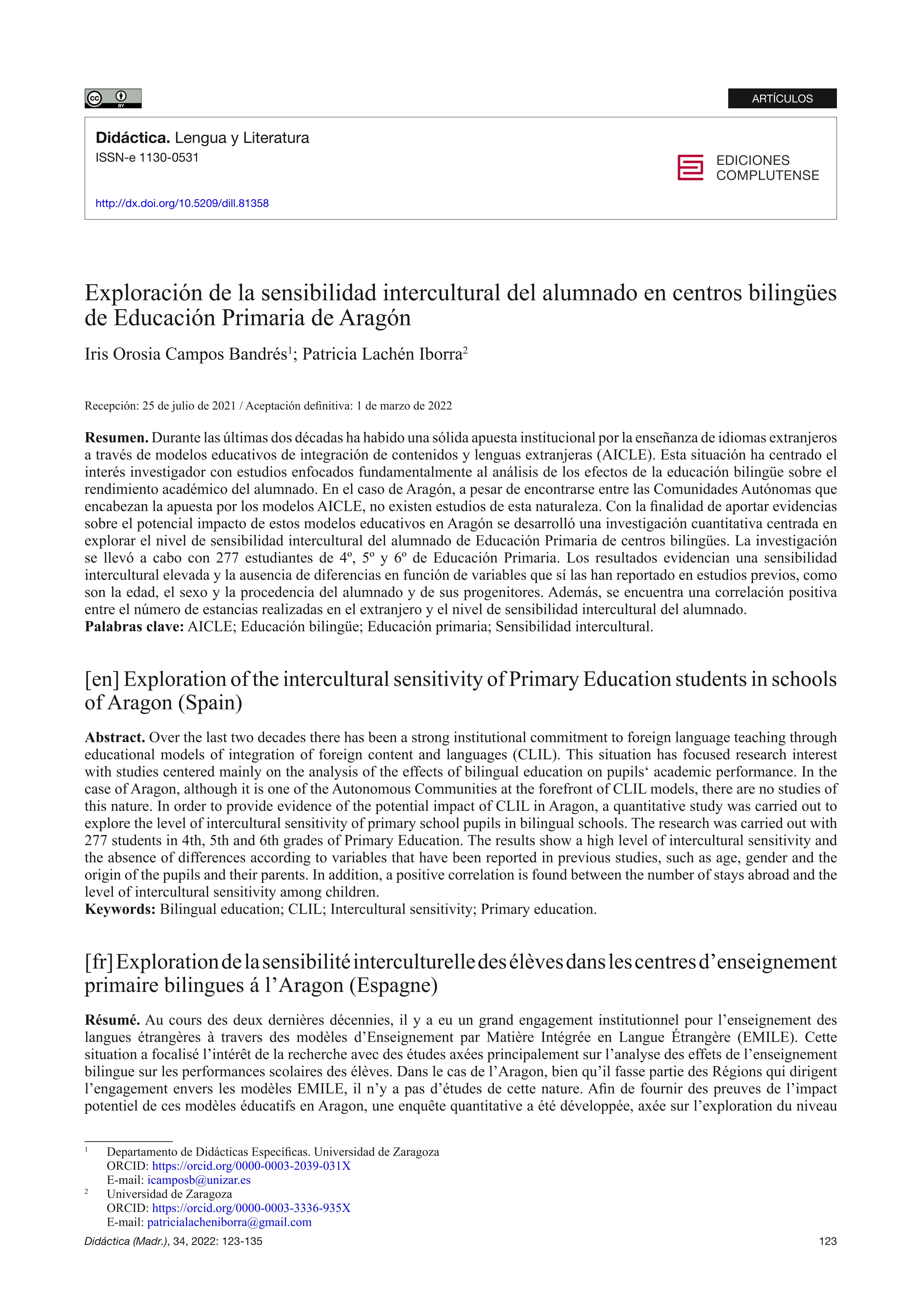Exploración de la sensibilidad intercultural del alumnado en centros bilingües de Educación Primaria de Aragón