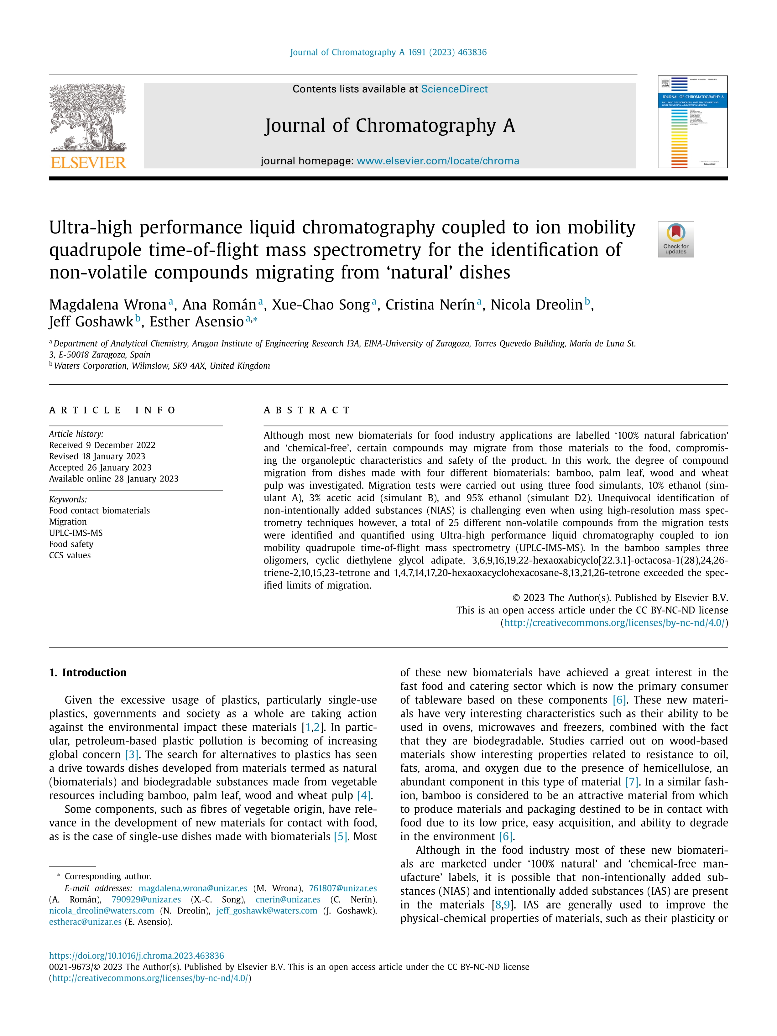 Ultra-high performance liquid chromatography coupled to ion mobility quadrupole time-of-flight mass spectrometry for the identification of non-volatile compounds migrating from ´natural´ dishes