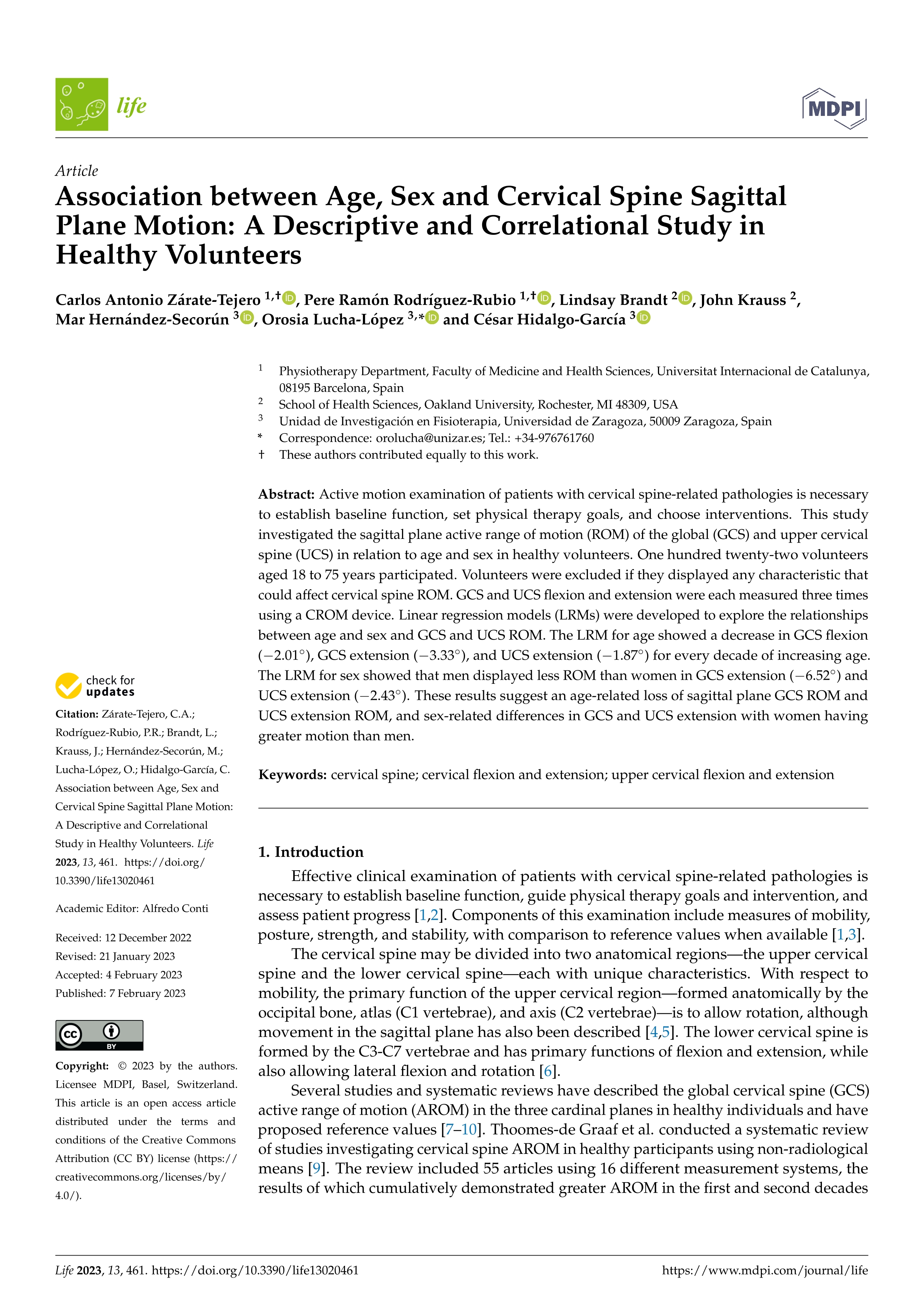 Association between age, sex and cervical spine sagittal plane motion: a descriptive and correlational study in healthy volunteers