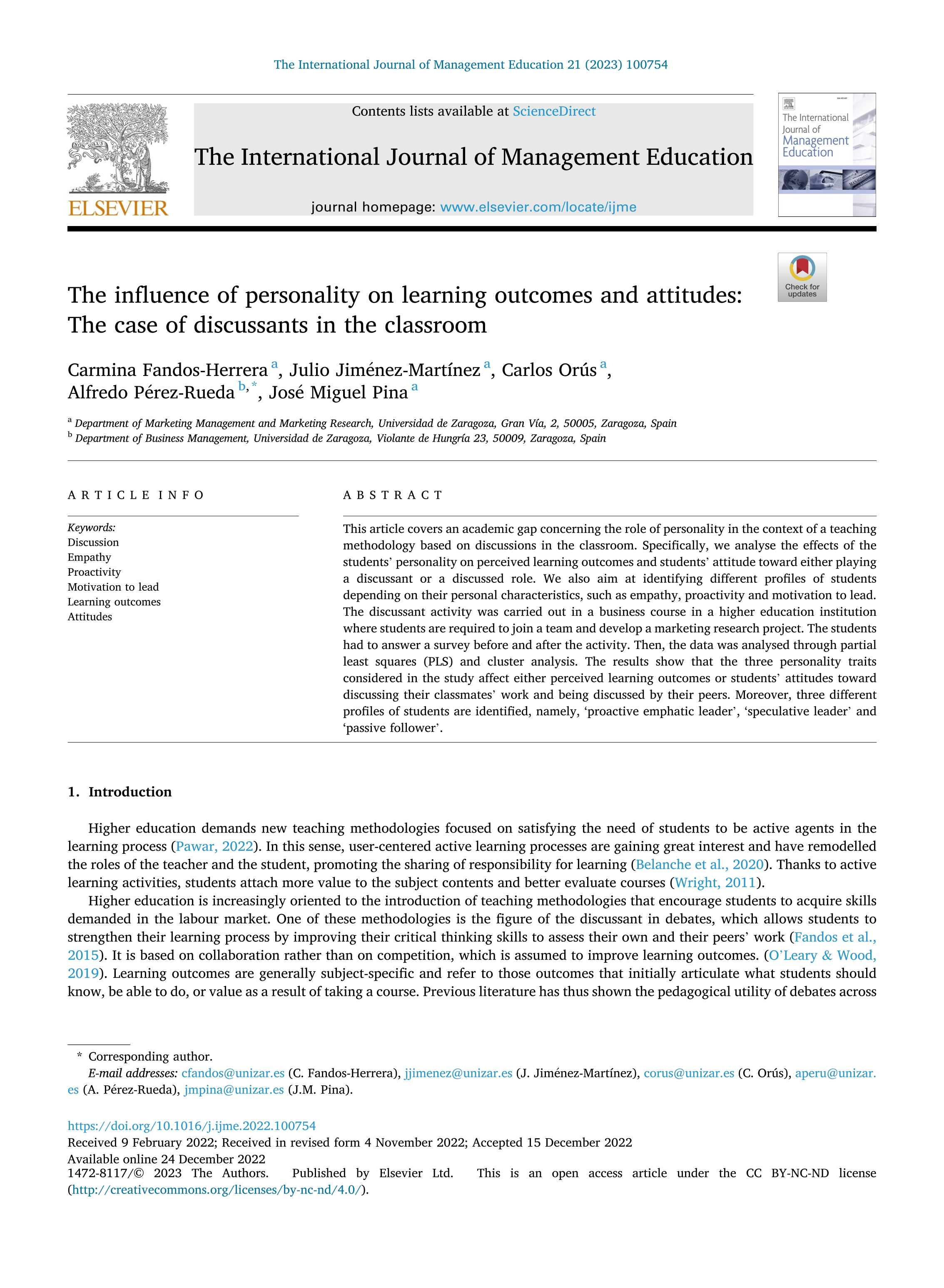 The influence of personality on learning outcomes and attitudes: The case of discussants in the classroom