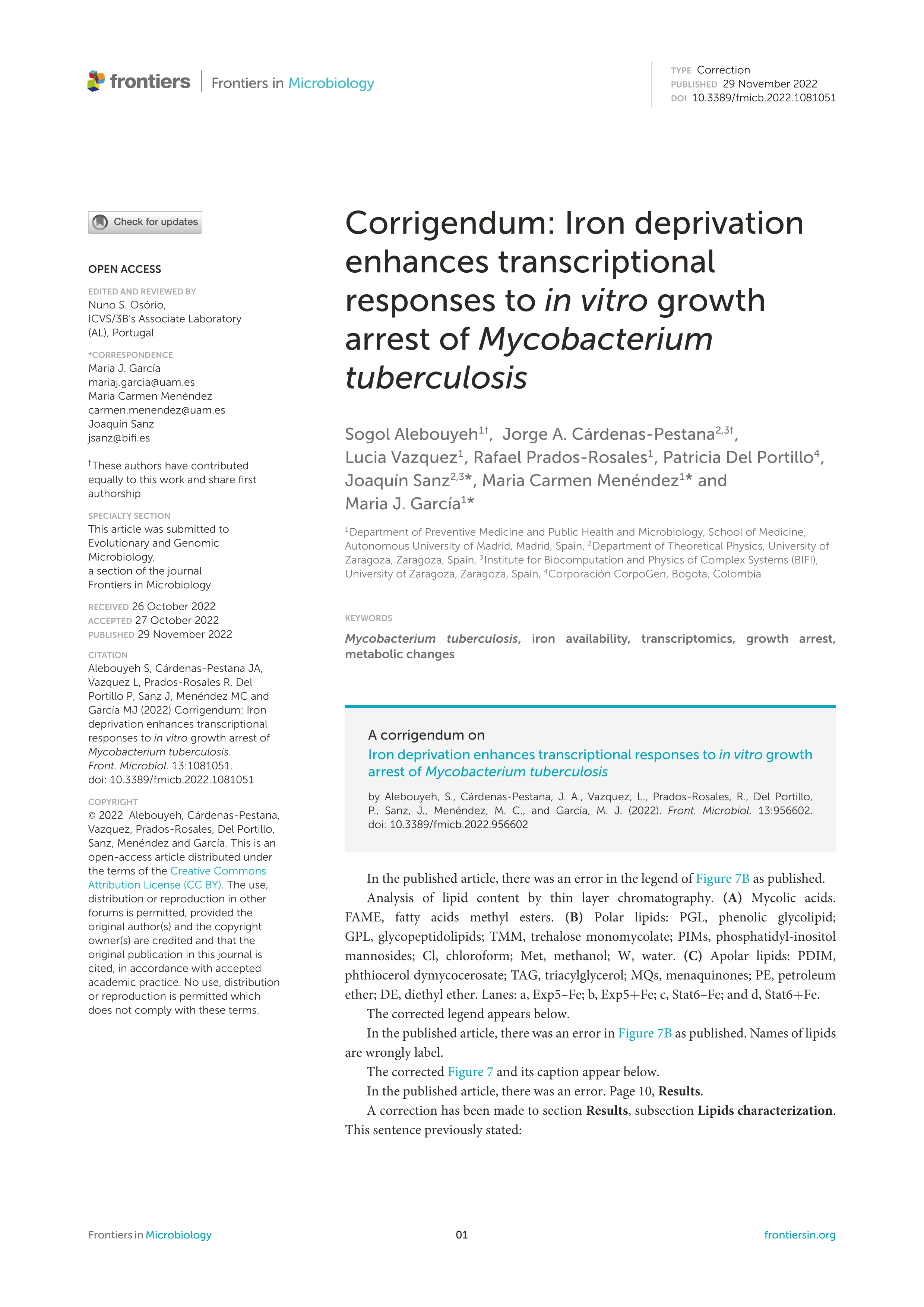 Corrigendum: Iron deprivation enhances transcriptional responses to in vitro growth arrest of Mycobacterium tuberculosis