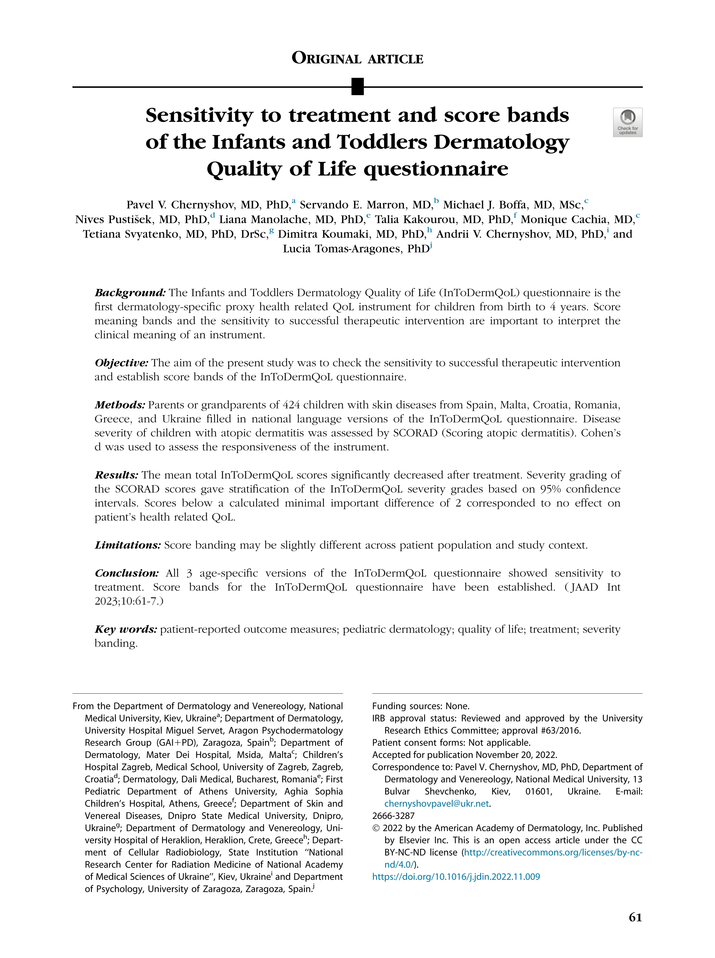 Sensitivity to treatment and score bands of the infants and toddlers dermatology quality of life questionnaire